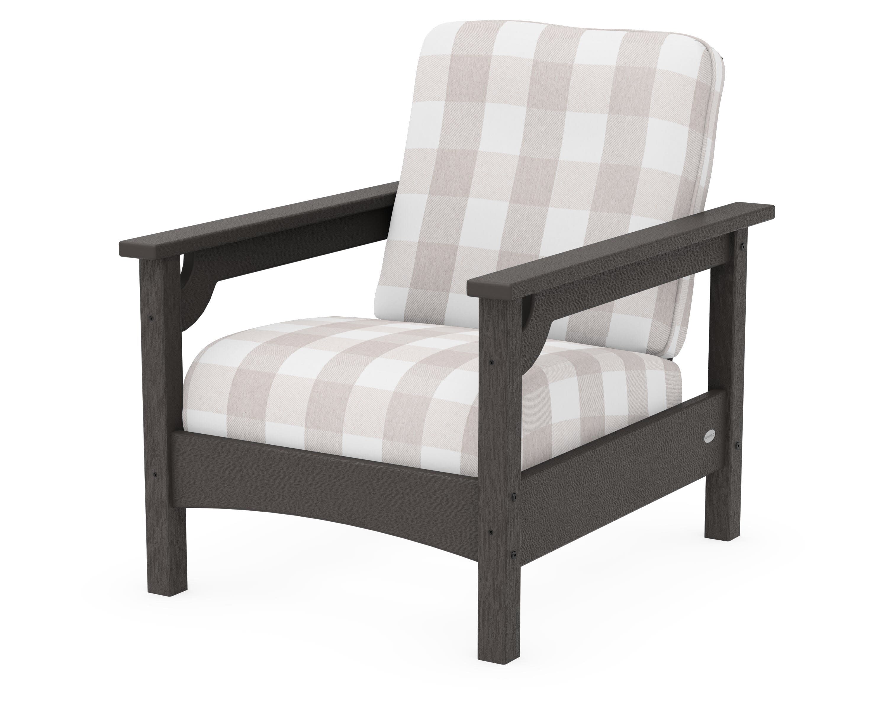 Club Chair in Vintage Coffee / Buffalo Plaid Dune Burlap