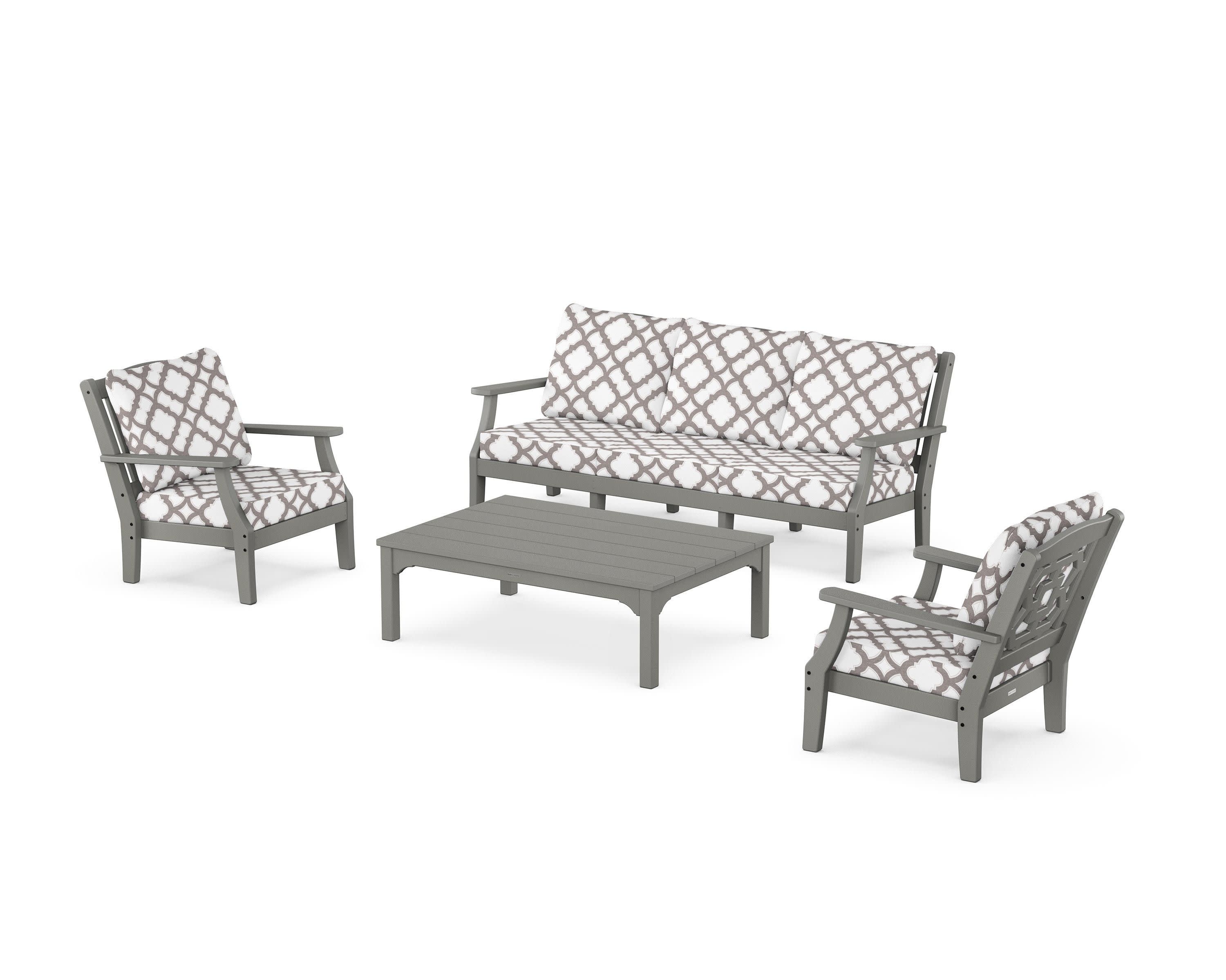 Chinoiserie 4-Piece Deep Seating Set with Sofa in Slate Grey / Trellis Grey Mist