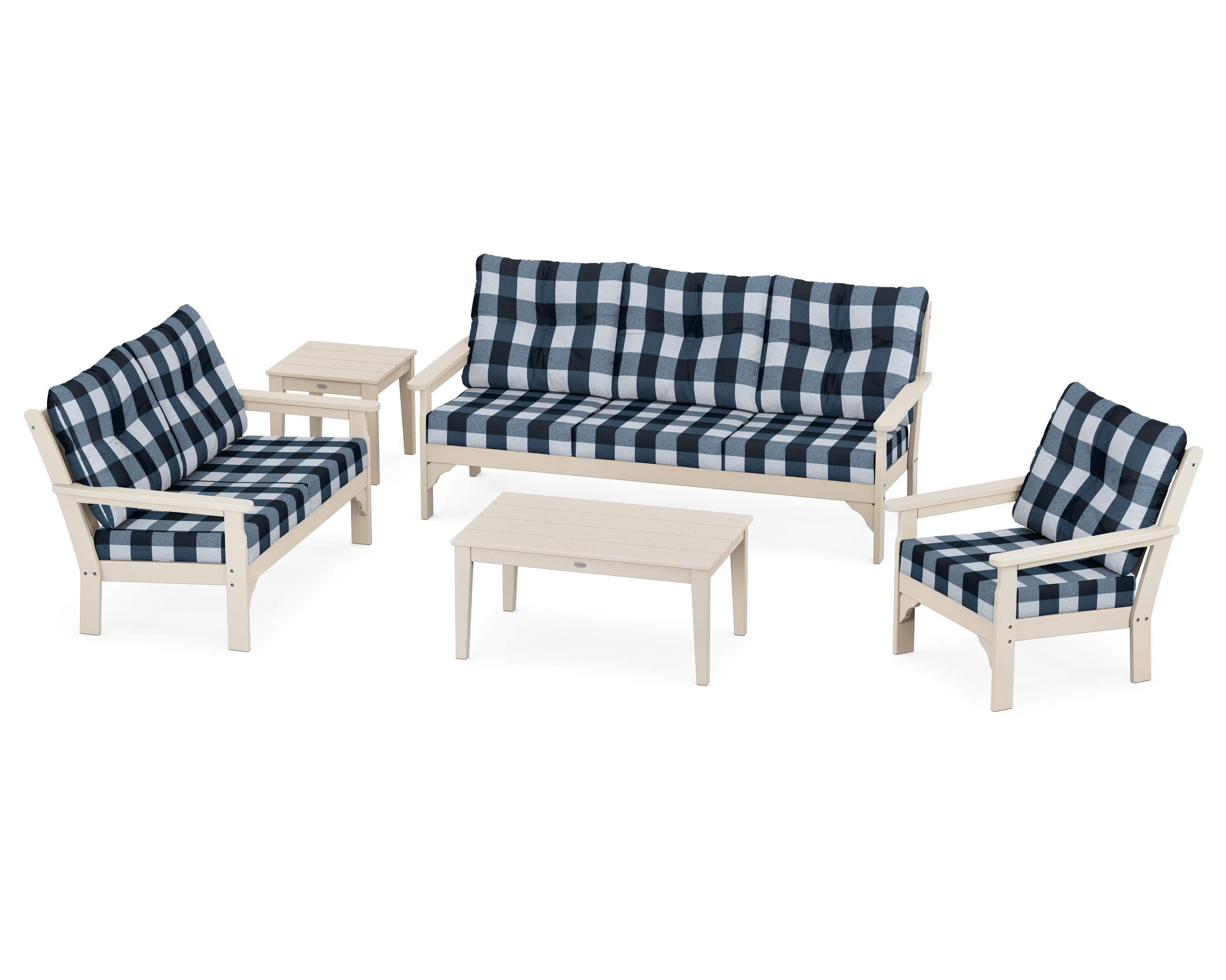 Vineyard 5 Piece Deep Seating Set in Sand / Buffalo Plaid Marine Indigo