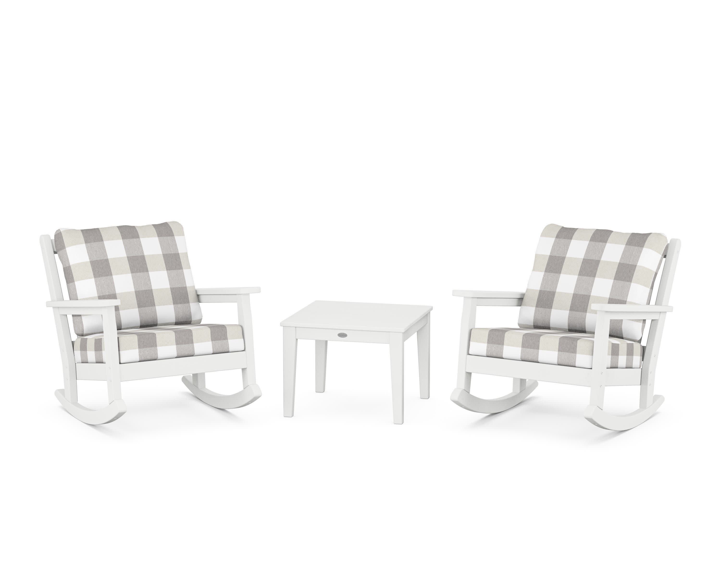 Chippendale 3-Piece Deep Seating Rocker Set in White / Buffalo Plaid Grey Mist