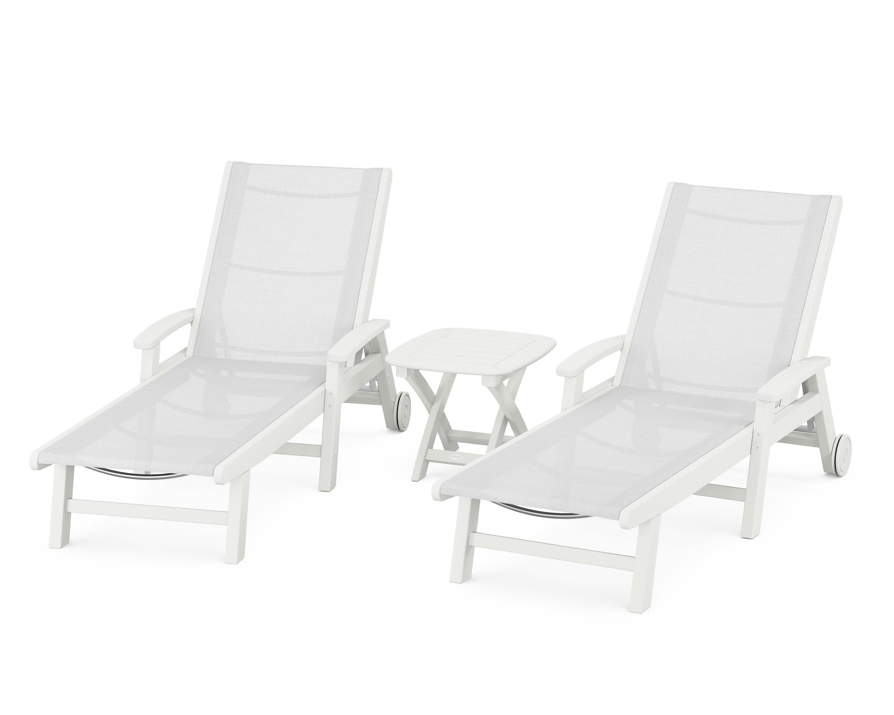 Coastal 3-Piece Wheeled Chaise Set in Vintage White / White Sling