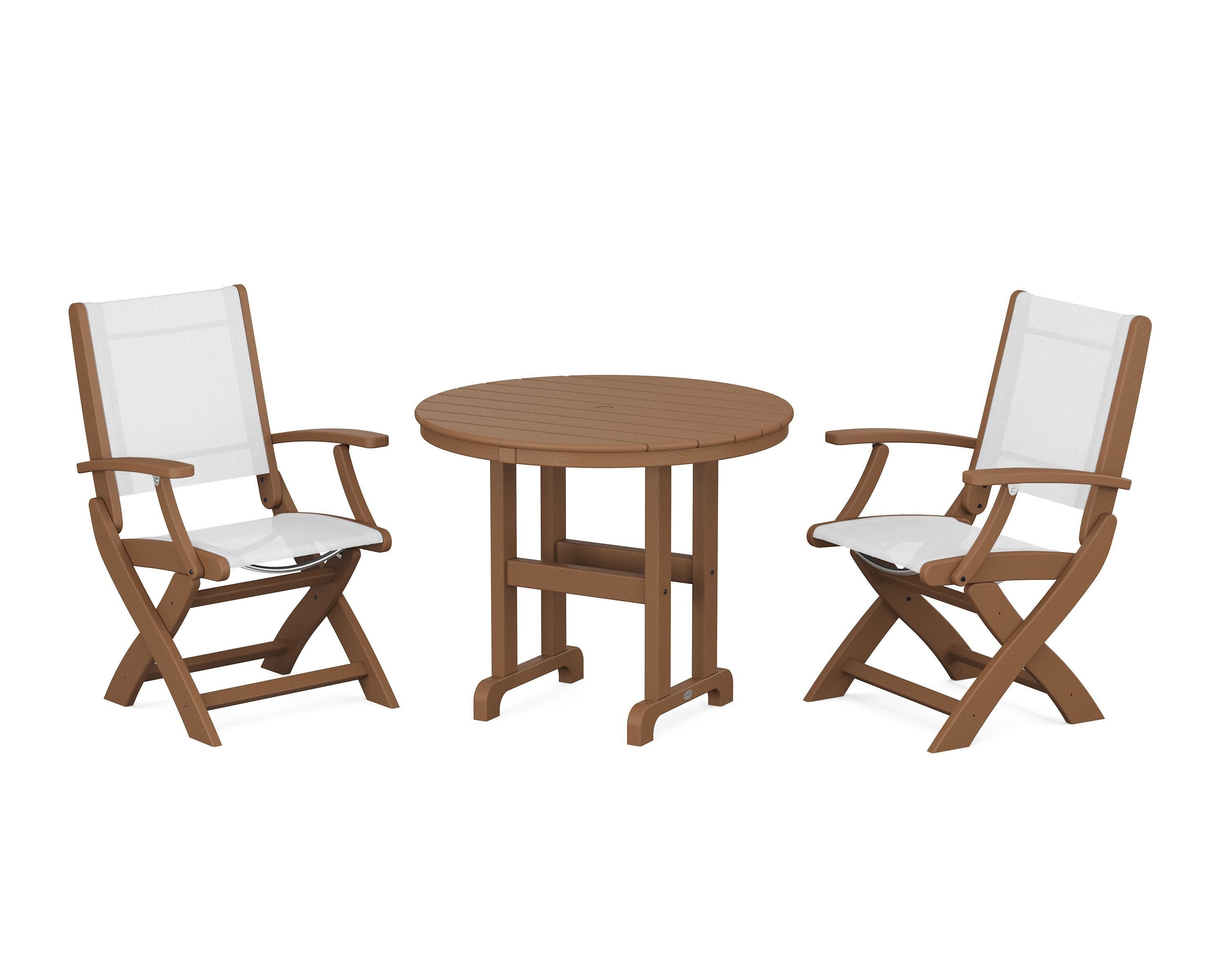 Coastal Folding Chair 3-Piece Round Dining Set in Teak / White Sling