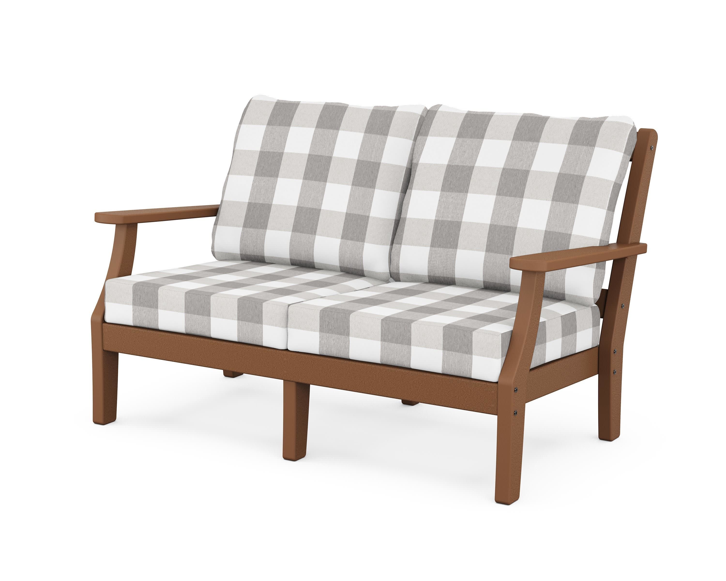 Chinoiserie Deep Seating Loveseat in Teak / Buffalo Plaid Grey Mist