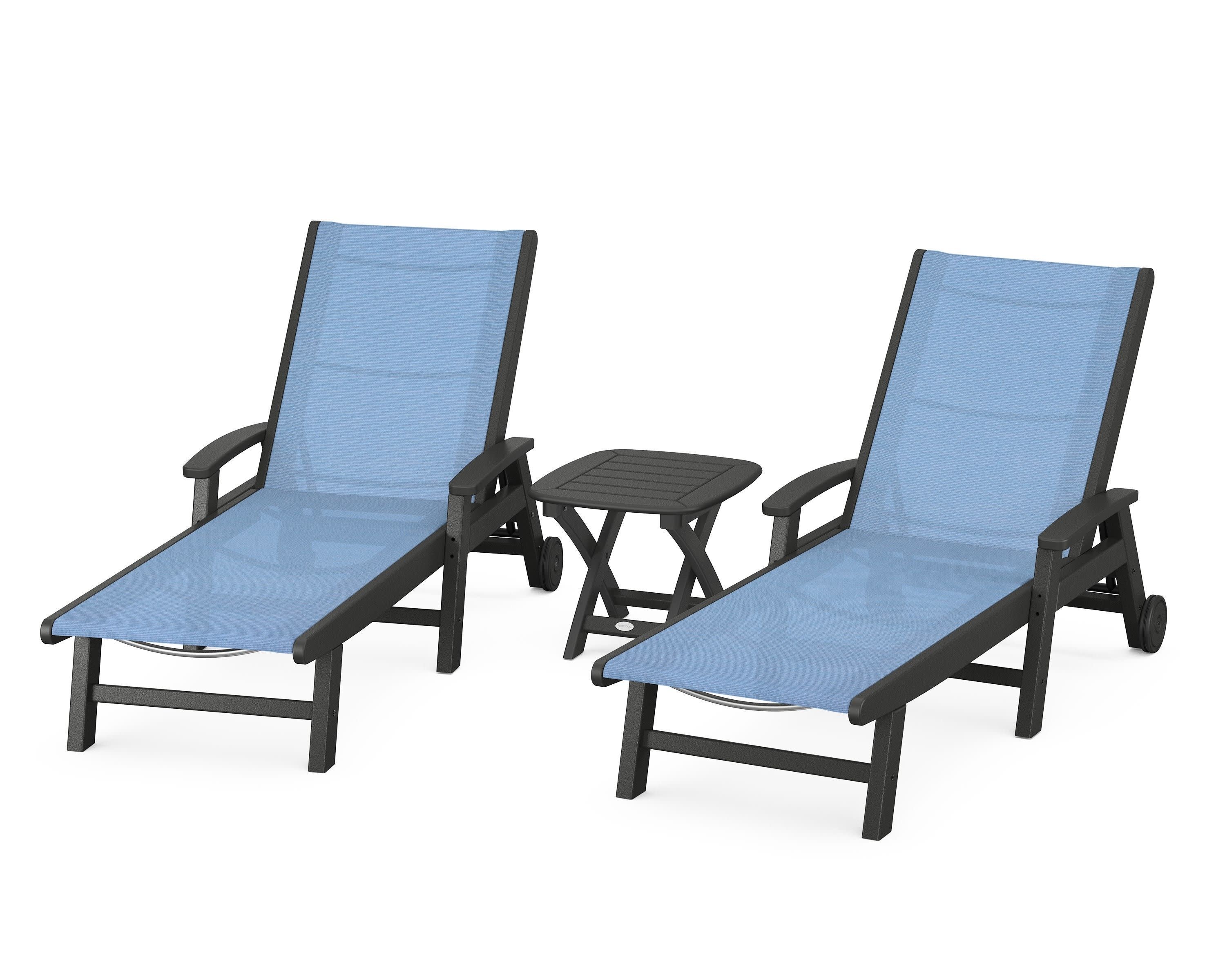 Coastal 3-Piece Wheeled Chaise Set in Black / Poolside Sling