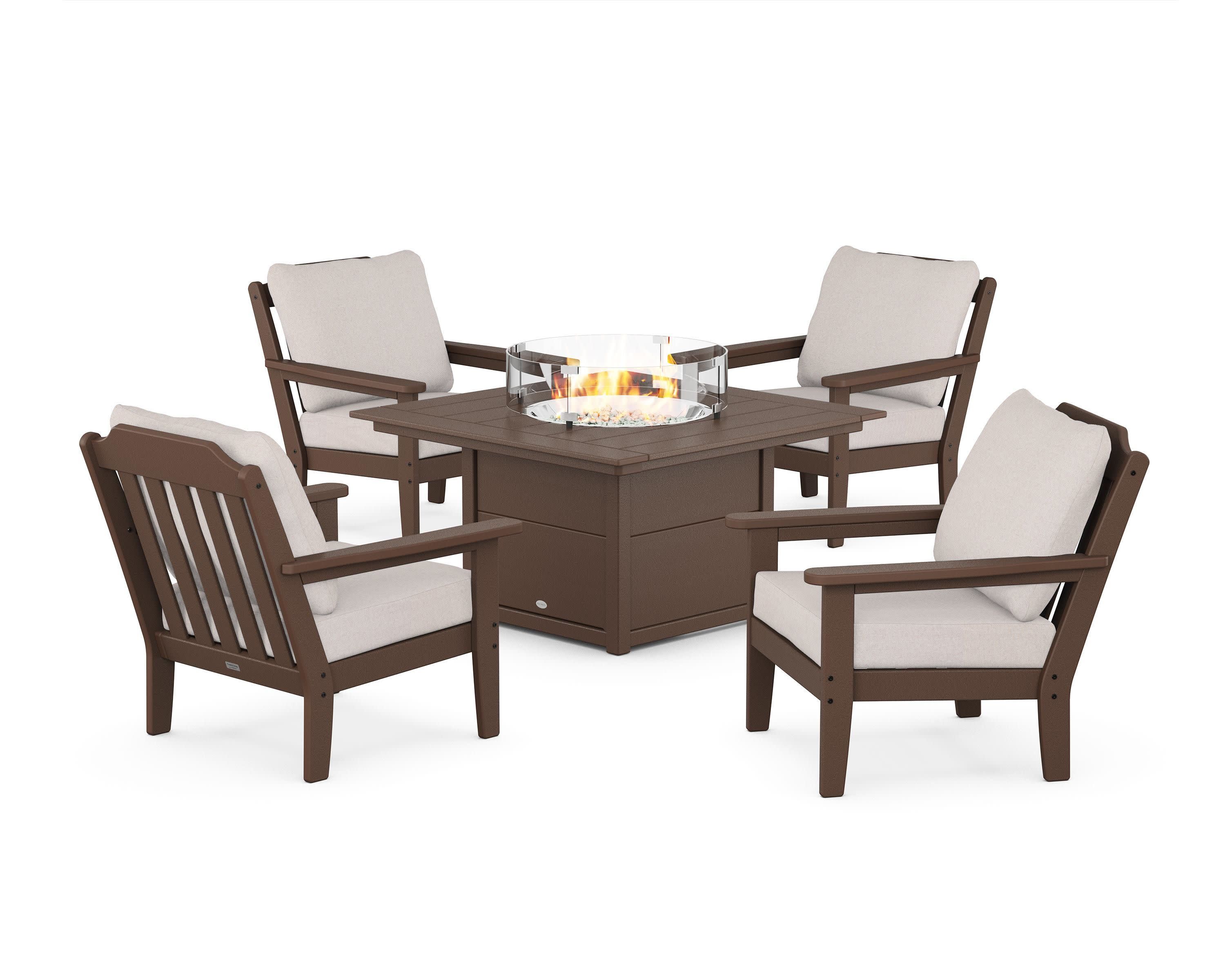 Cottage 5-Piece Deep Seating Set with Fire Pit Table in Mahogany / Dune Burlap