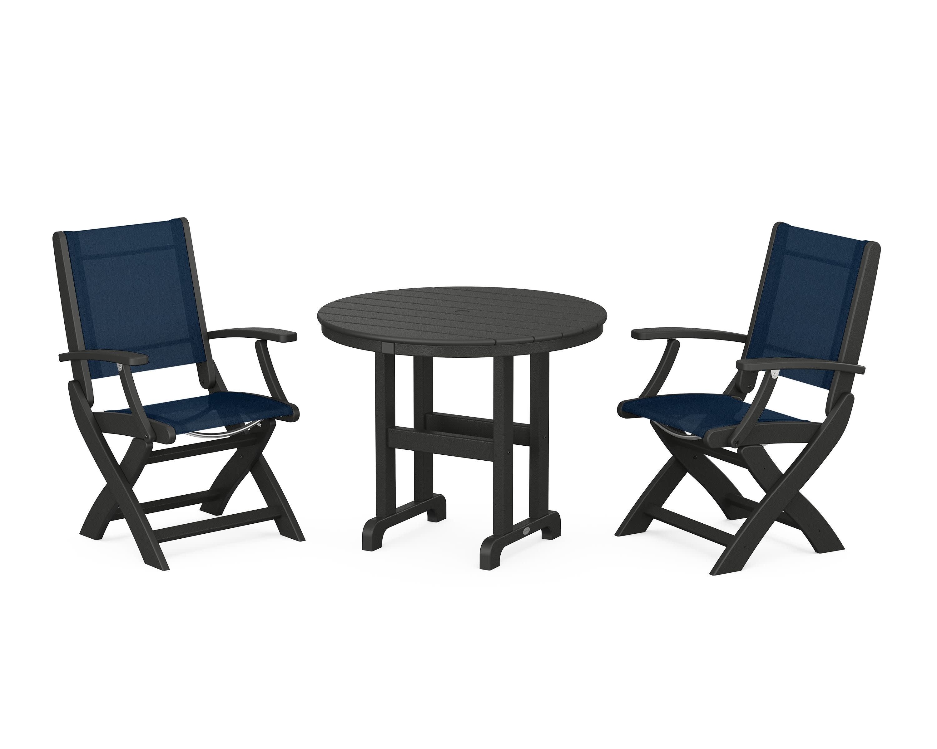 Coastal Folding Chair 3-Piece Round Dining Set in Black / Navy Blue Sling
