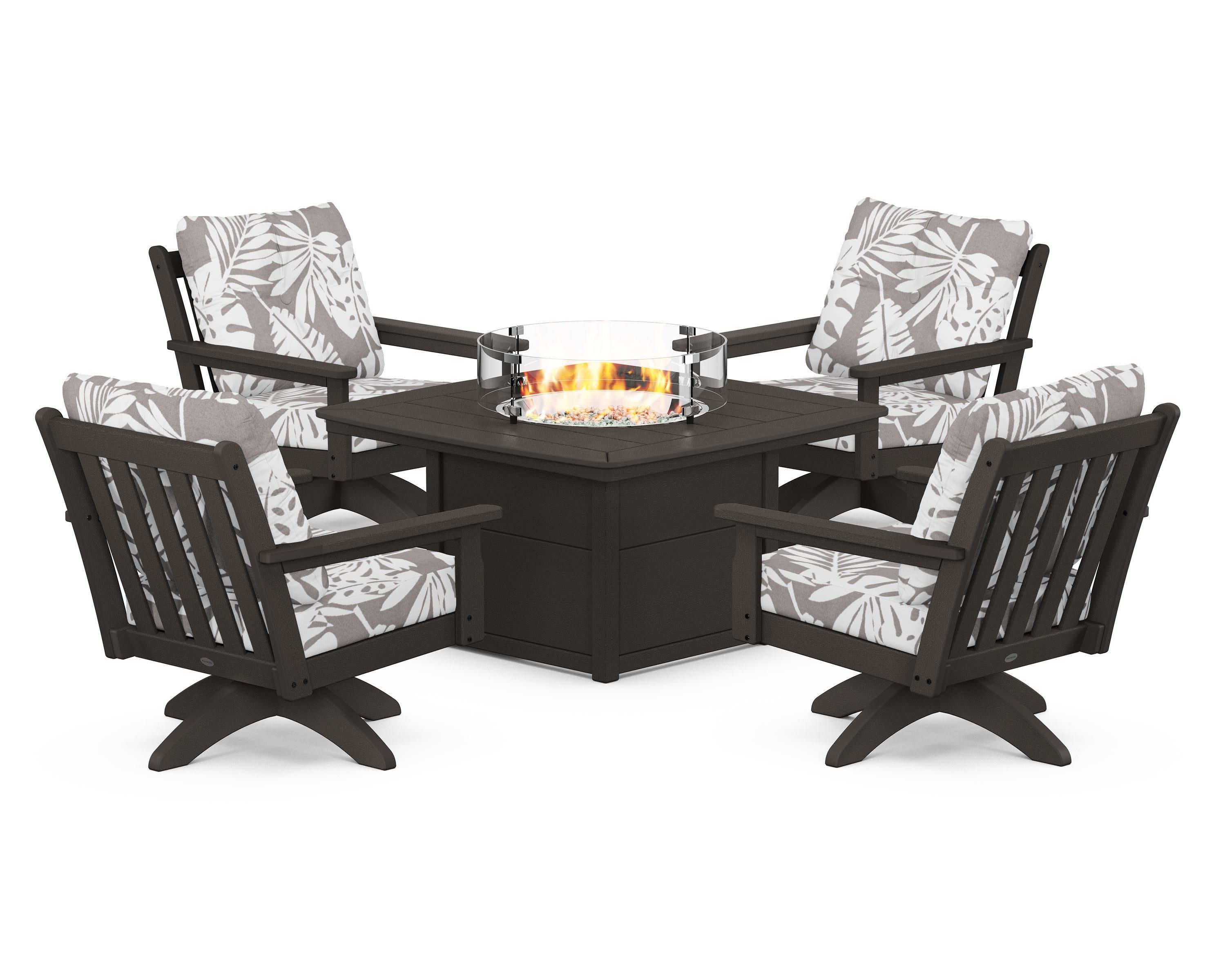 Vineyard 5-Piece Deep Seating Swivel Conversation Set with Fire Pit Table in Vintage Coffee / Leaf Grey Mist