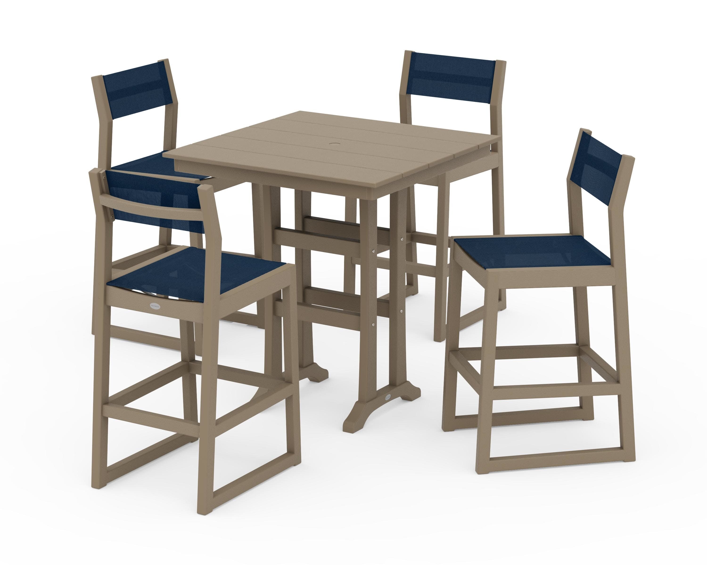 EDGE Sling Arm Chair 5-Piece Farmhouse Bar Set with Trestle Legs in Vintage Sahara / Navy Blue Sling