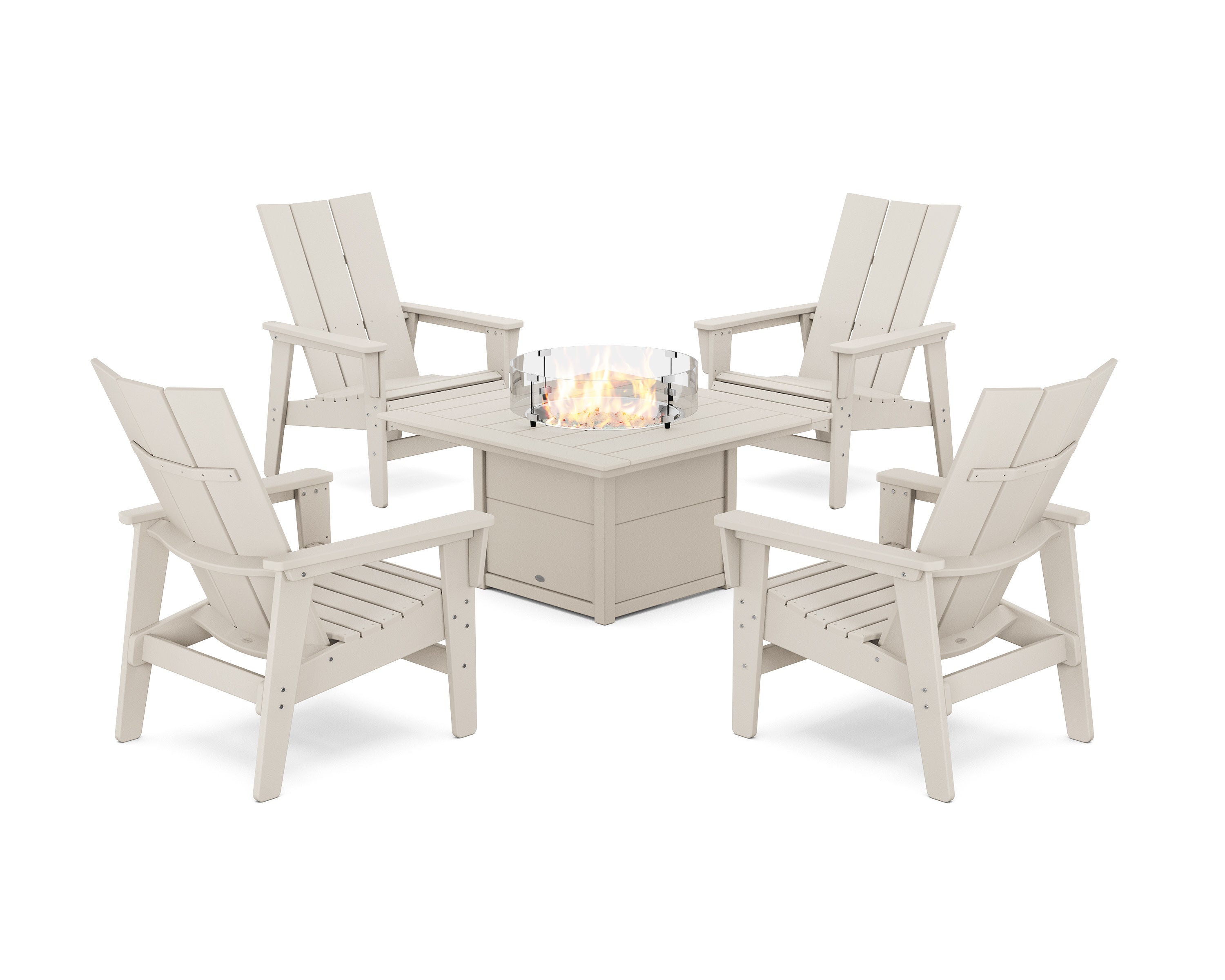 5-Piece Modern Grand Upright Adirondack Conversation Set with Fire Pit Table in Sand