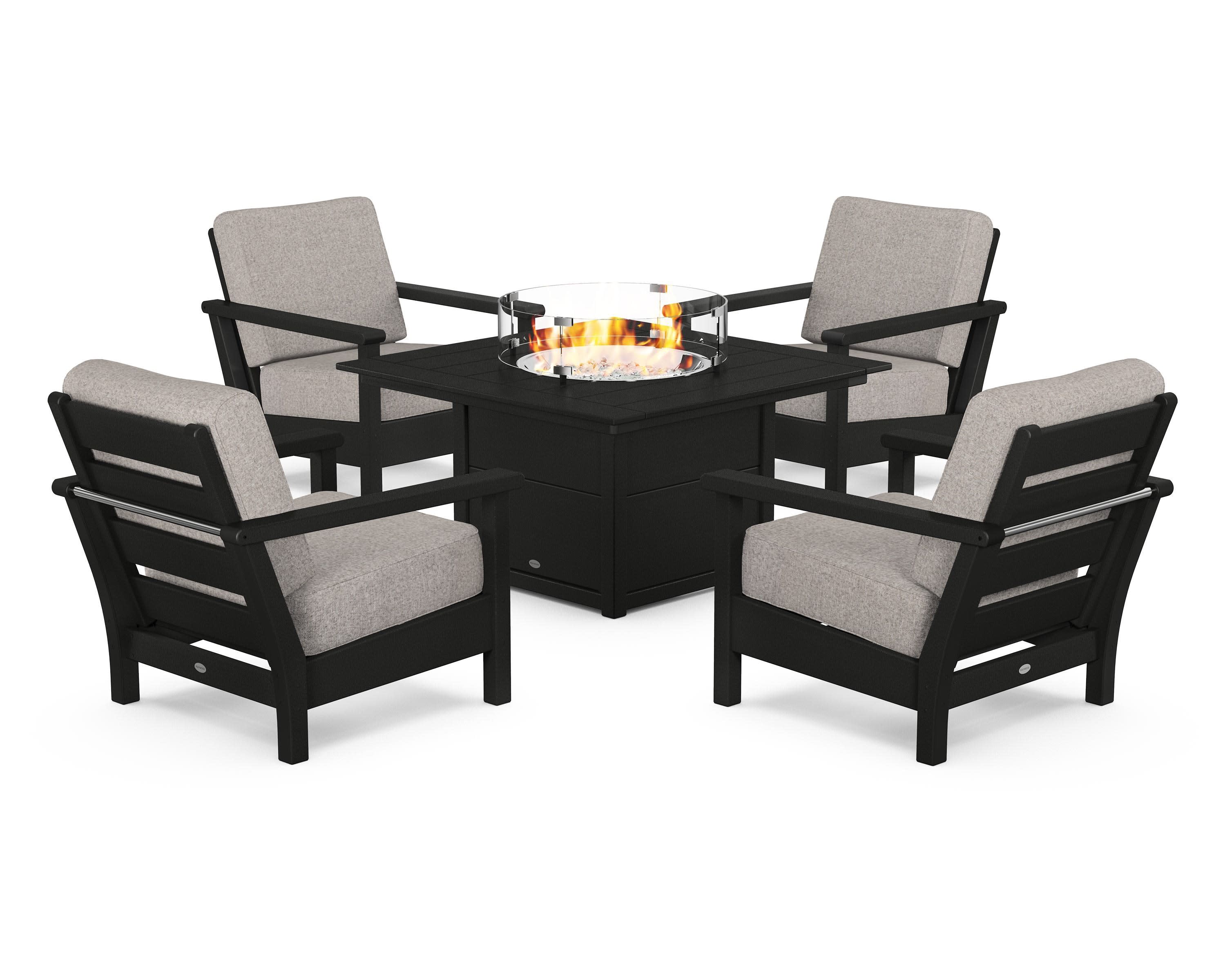 Harbour 5-Piece Conversation Set with Fire Pit Table in Black / Weathered Tweed