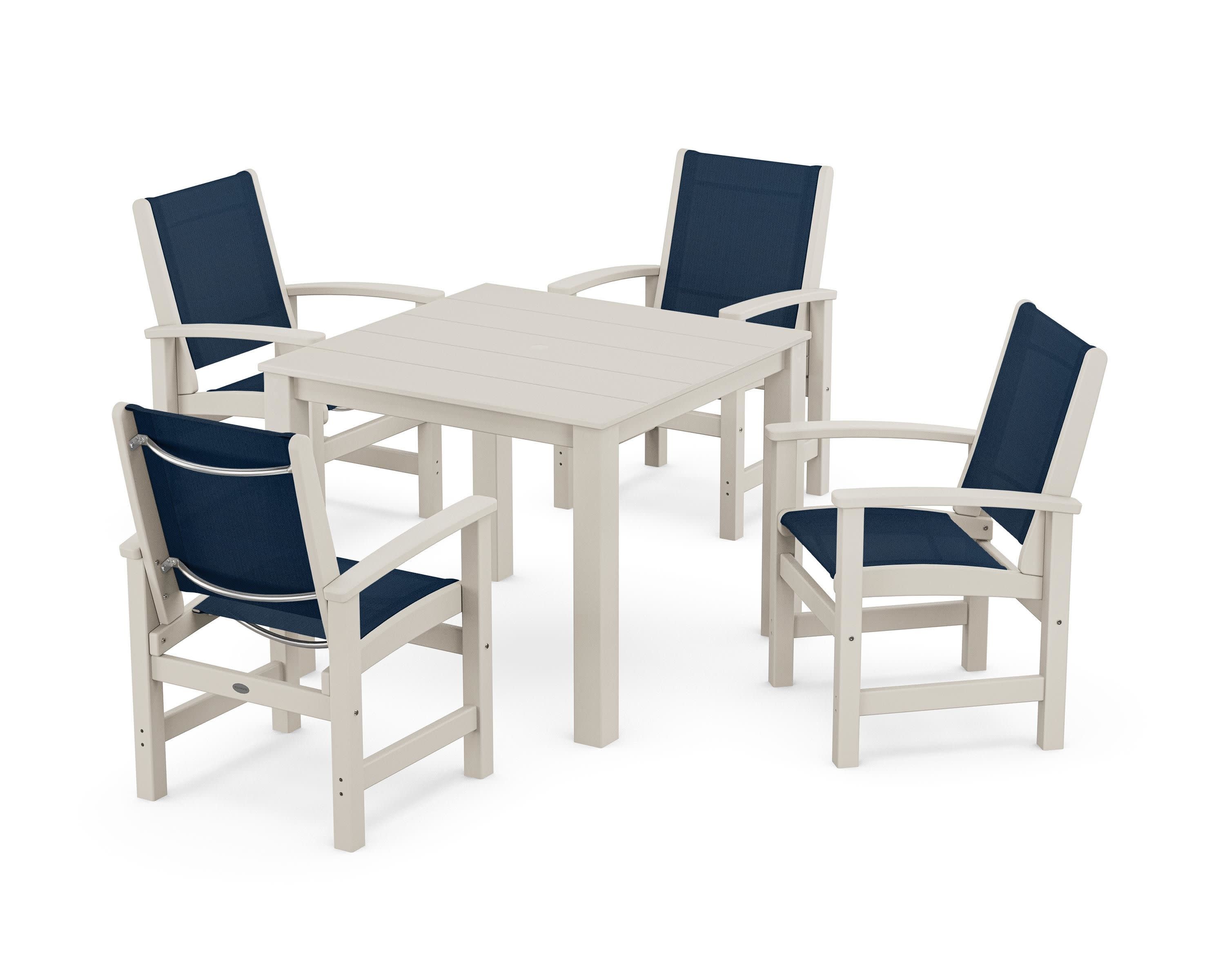 Coastal 5-Piece Parsons Dining Set in Sand / Navy Blue Sling
