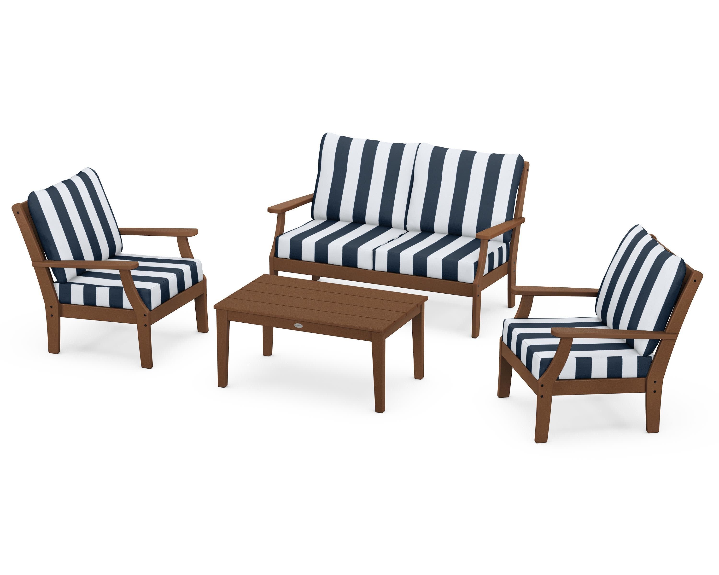 Braxton 4-Piece Deep Seating Chair Set in Teak / Cabana Stripe Marine Indigo