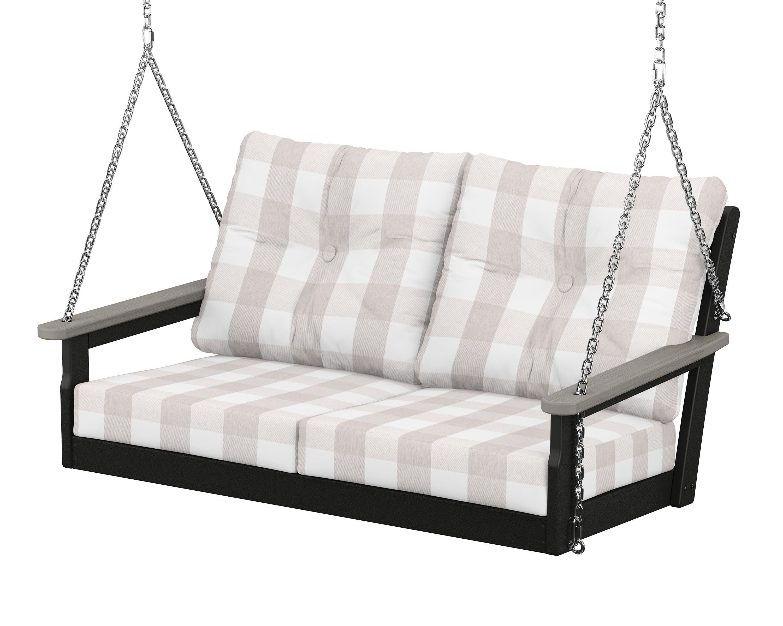 Vineyard Deep Seating Swing in Black / Driftwood / Buffalo Plaid Dune Burlap
