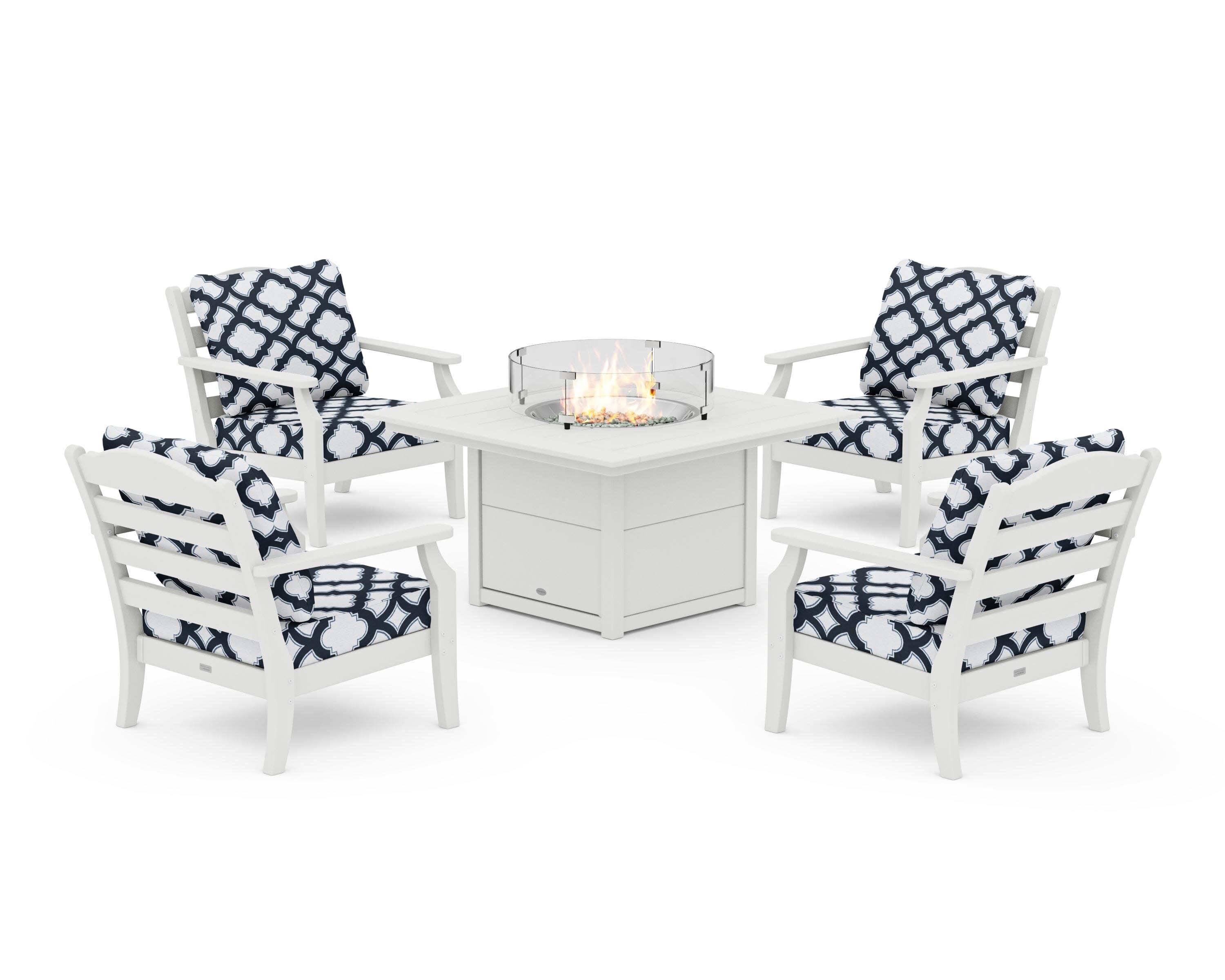 Savannah 5-Piece Deep Seating Set with Fire Pit Table in Vintage White / Trellis Marine Indigo
