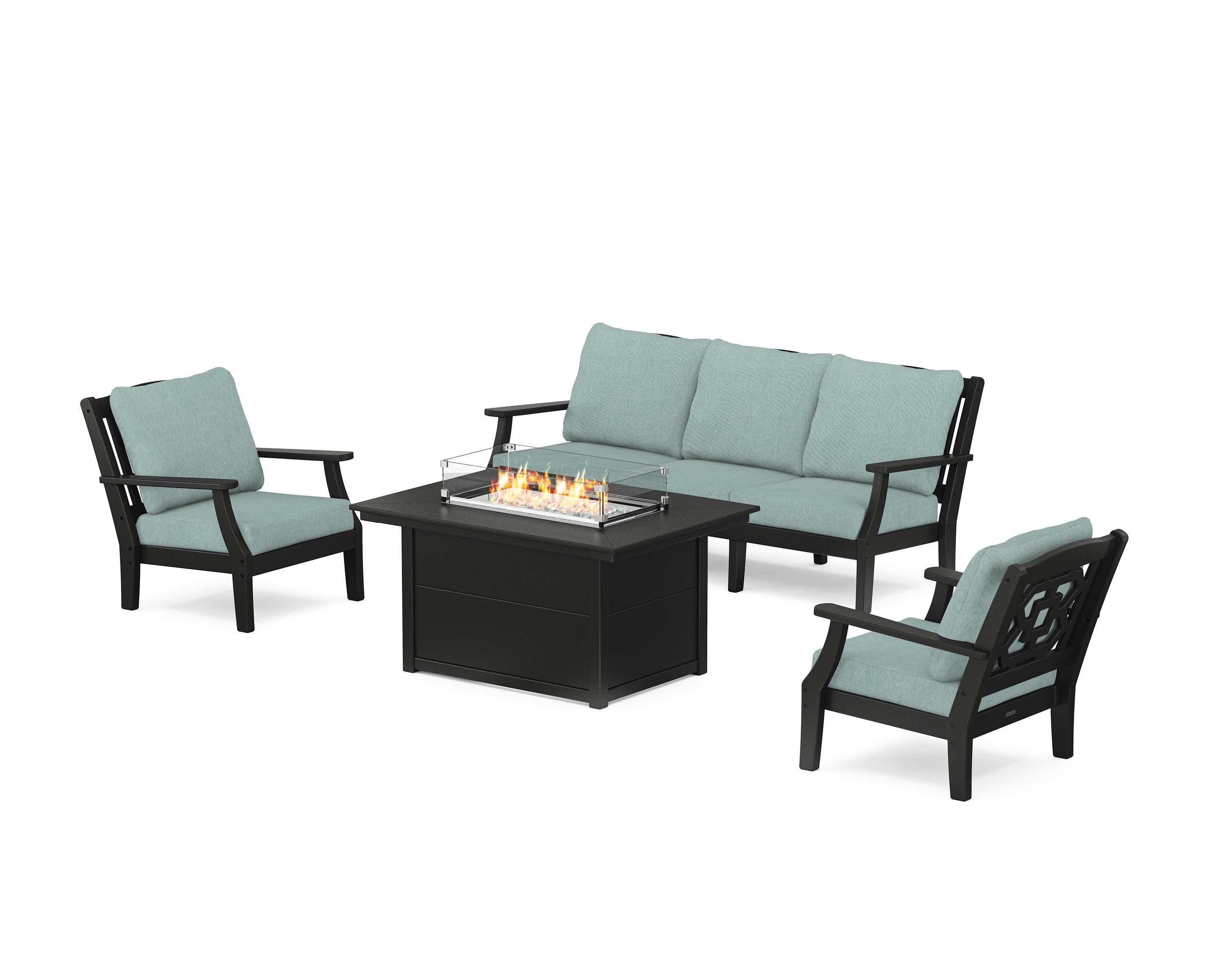 Chinoiserie Deep Seating Fire Pit Table Set in Black / Glacier Spa