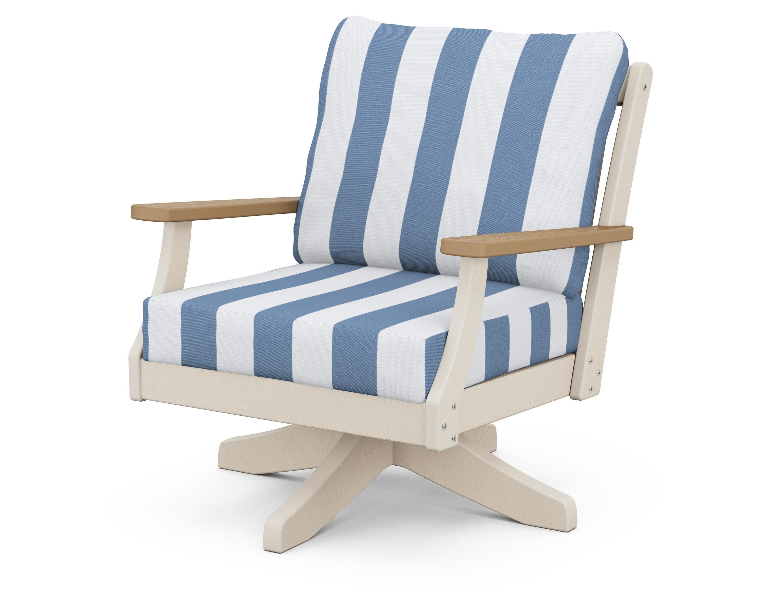 Braxton Deep Seating Swivel Chair in Sand / Natural / Cabana Stripe Sky Blue