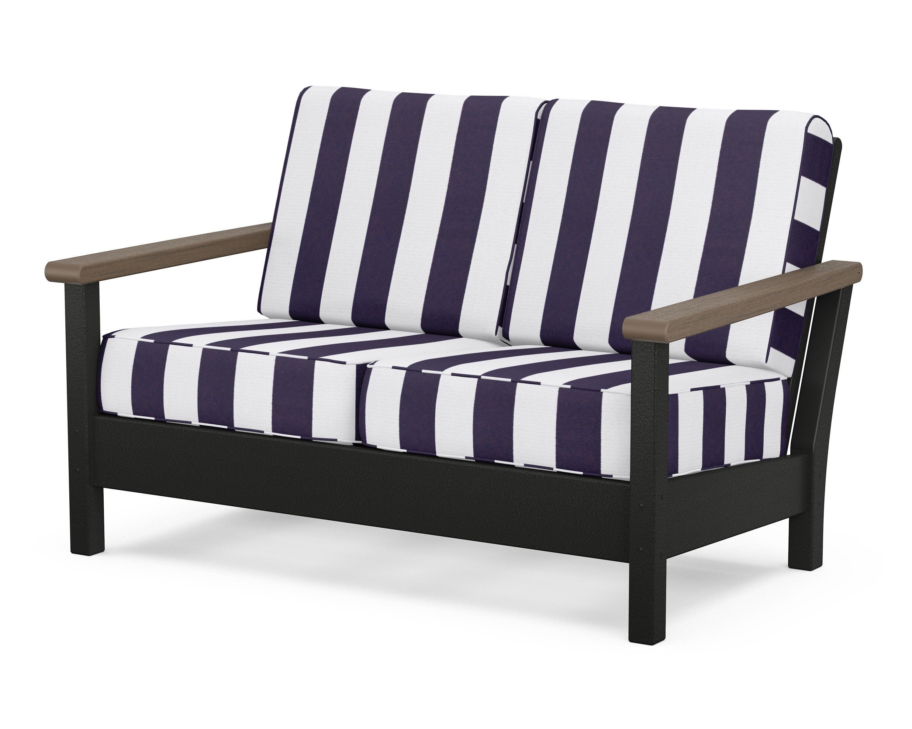 Harbour Deep Seating Loveseat in Black / Kona / Cabana Stripe Navy