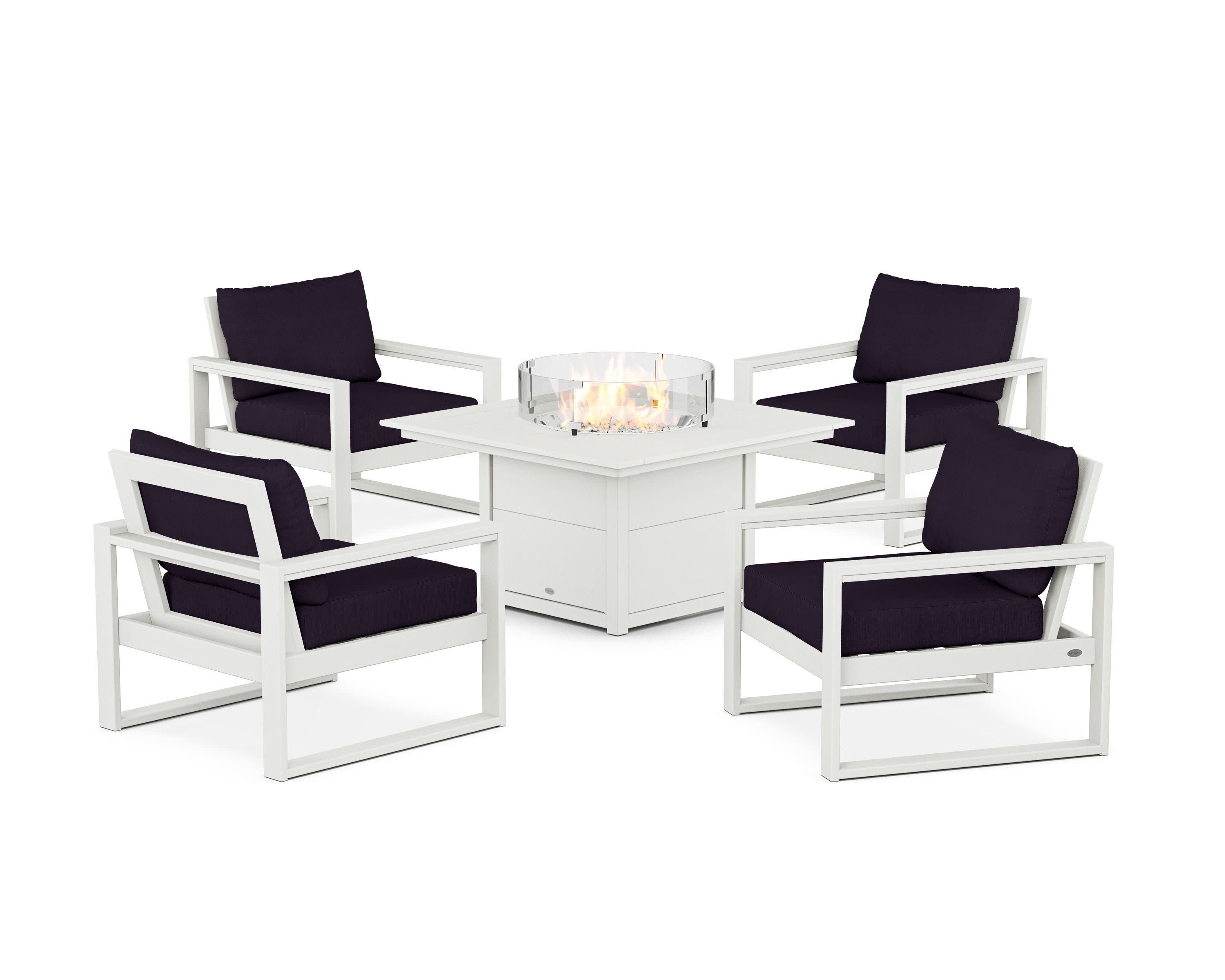 EDGE Sectional 5-Piece Deep Seating Set with Fire Pit Table in Vintage White / Navy Linen