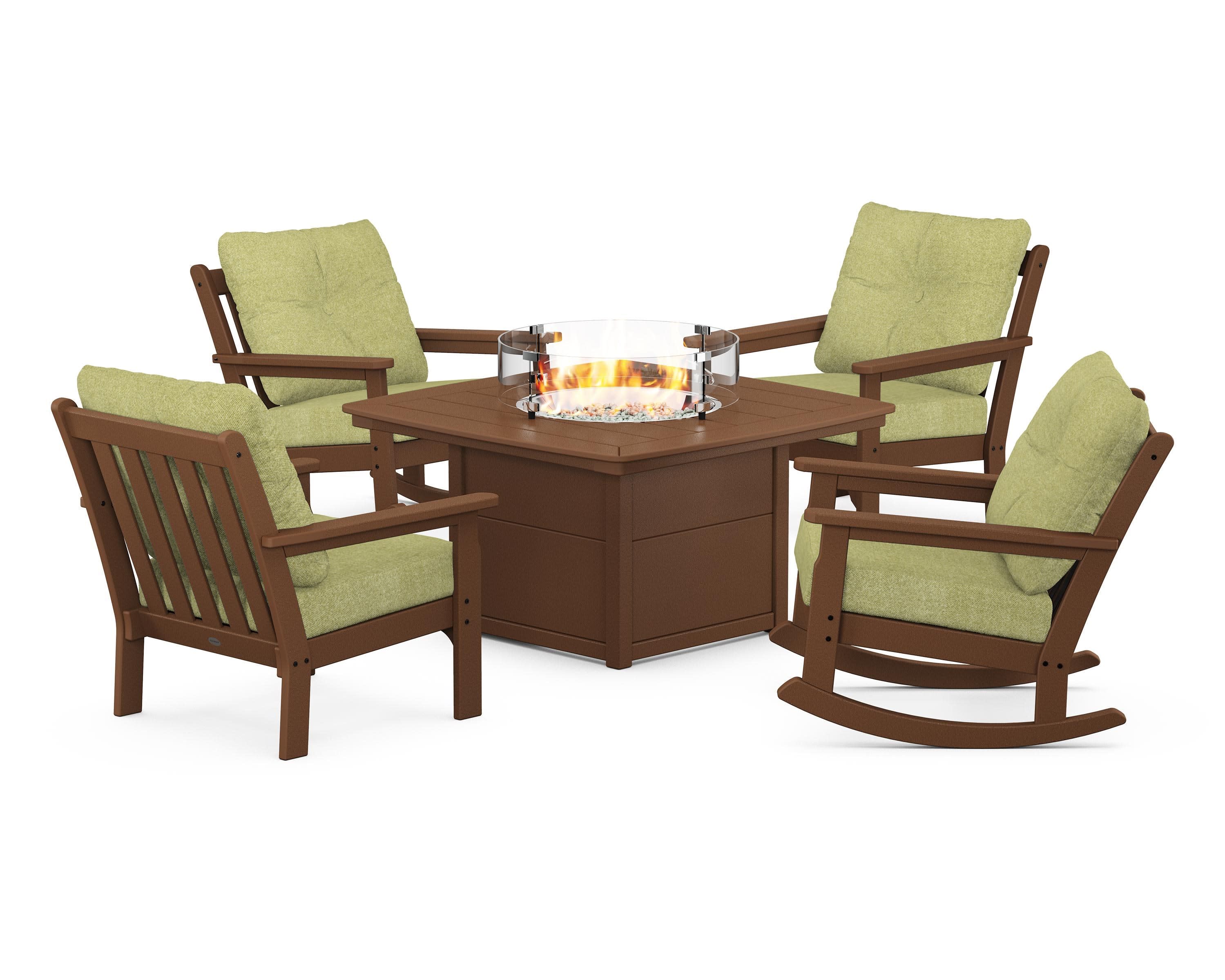 Vineyard 5-Piece Deep Seating Rocking Chair Conversation Set with Fire Pit Table in Teak / Chartreuse Boucle