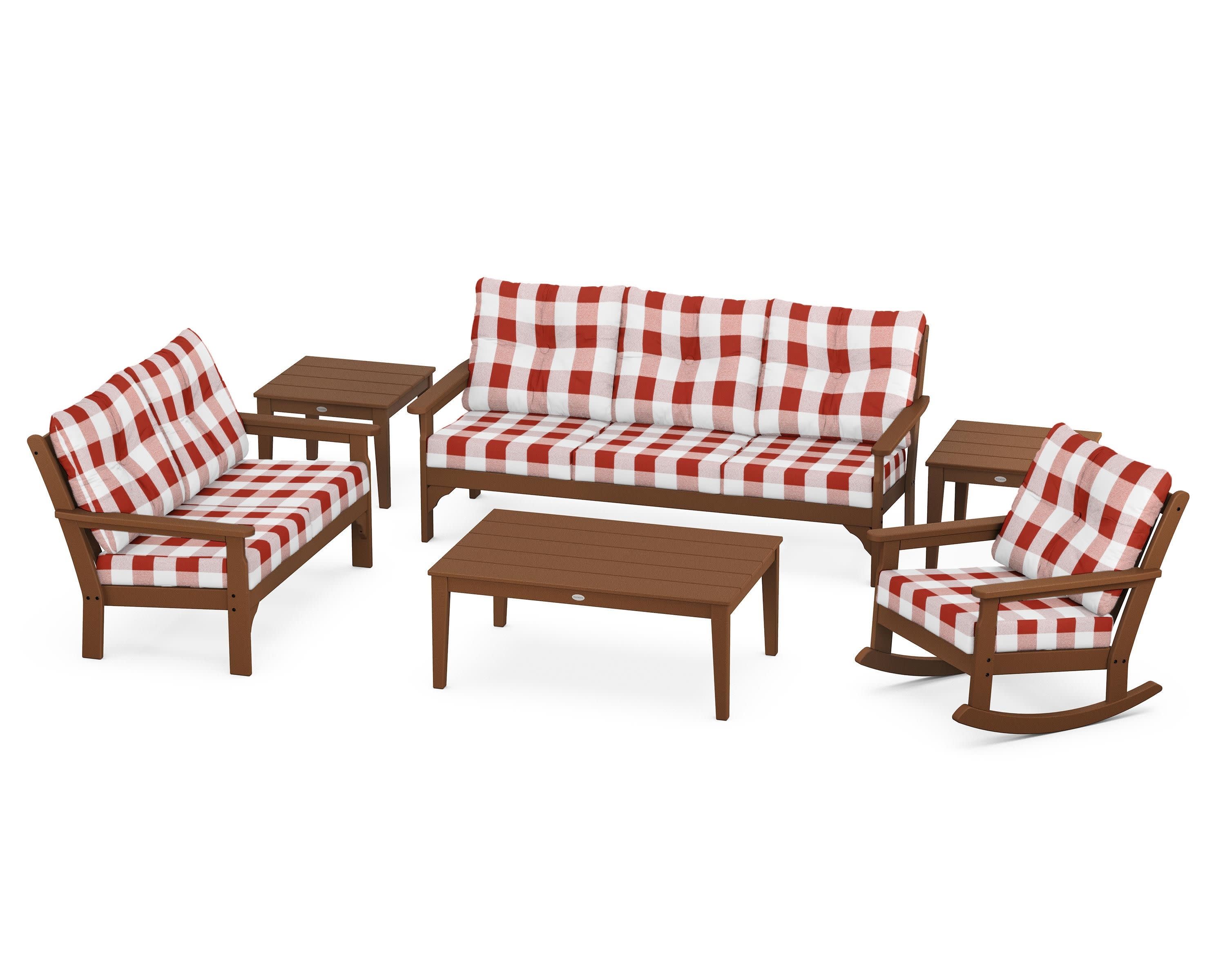 Vineyard 6-Piece Deep Seating Set in Teak / Buffalo Plaid Crimson