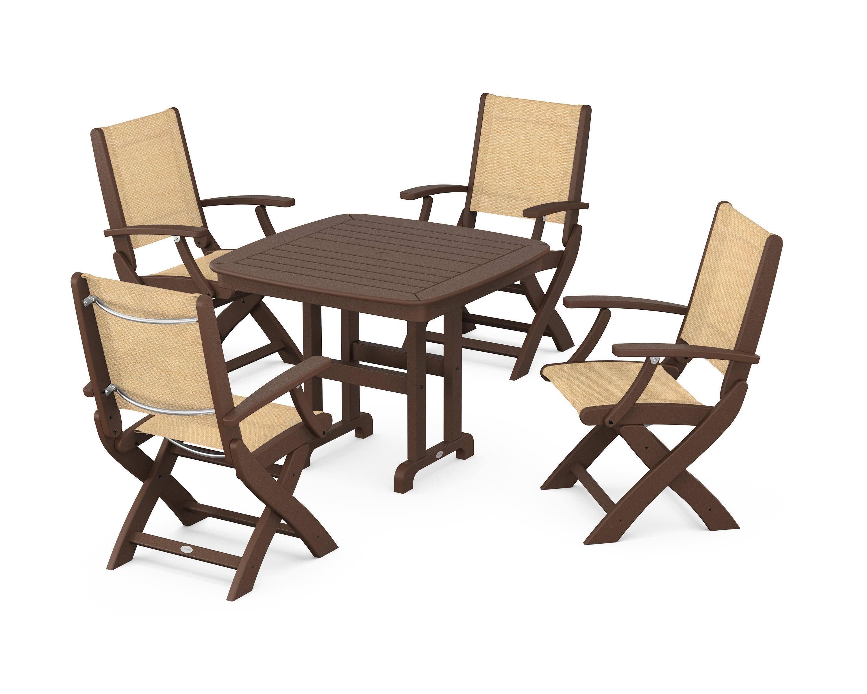 Coastal Folding Chair 5-Piece Dining Set in Mahogany / Dupioni Apricot Sling
