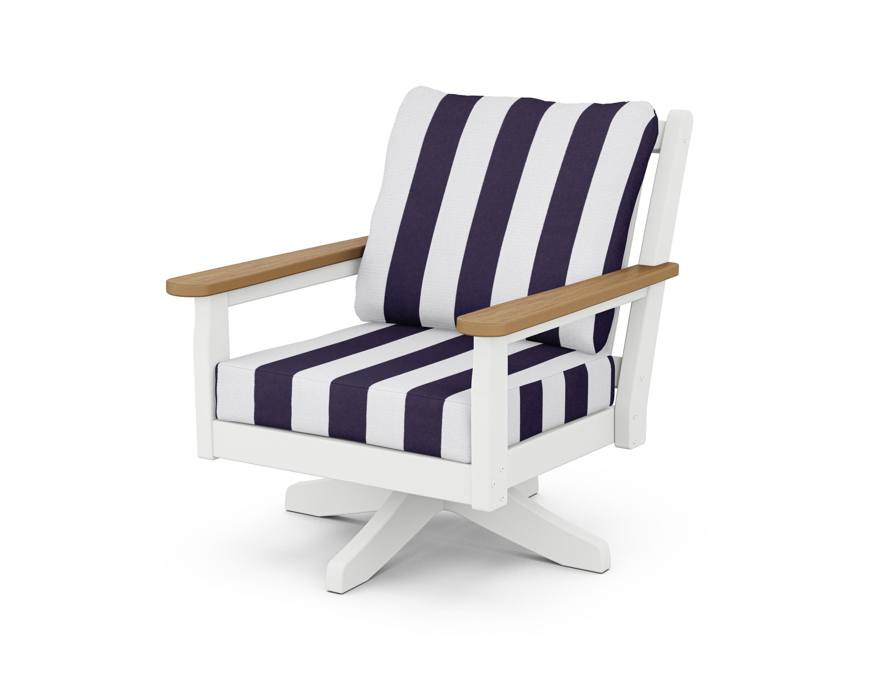 Chippendale Deep Seating Swivel Chair in White / Natural / Cabana Stripe Navy