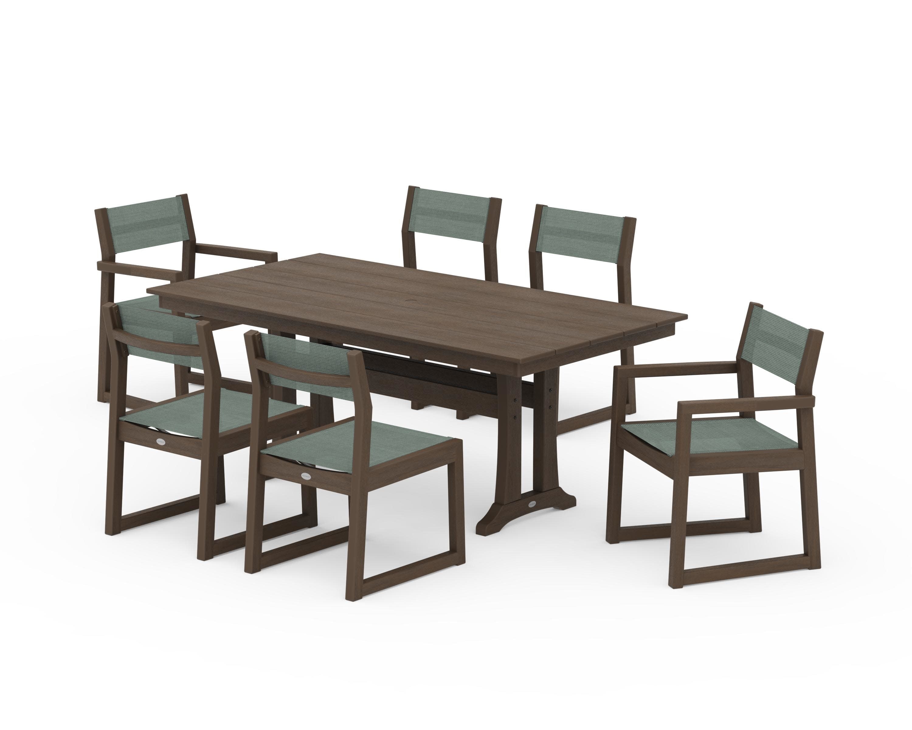EDGE Sling 7-Piece Farmhouse Trestle Dining Set in Kona / Dupioni Sea Mist Sling