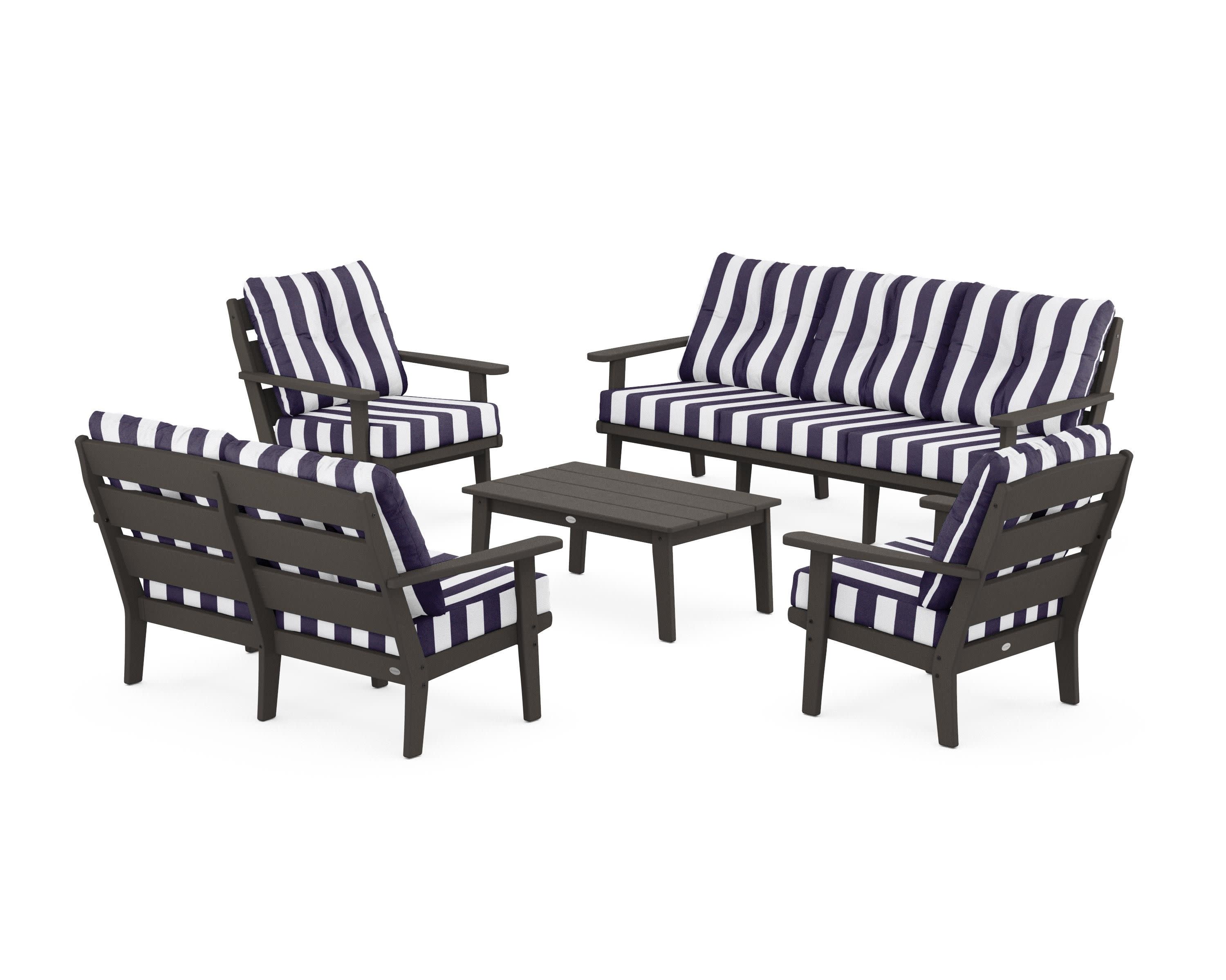 Lakeside 5-Piece Lounge Sofa Set in Vintage Coffee / Cabana Stripe Navy