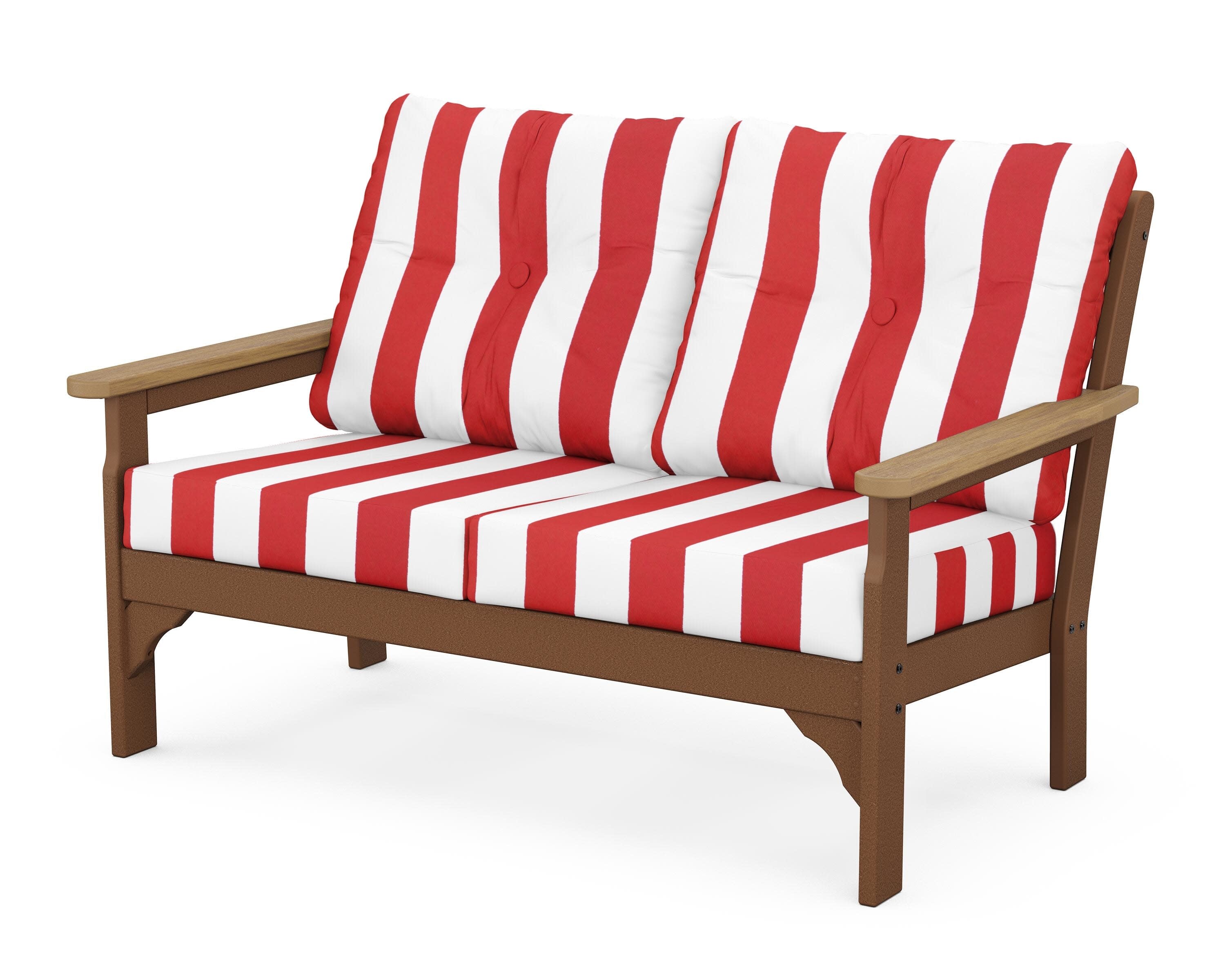 Vineyard Deep Seating Loveseat in Teak / Natural / Cabana Stripe Crimson