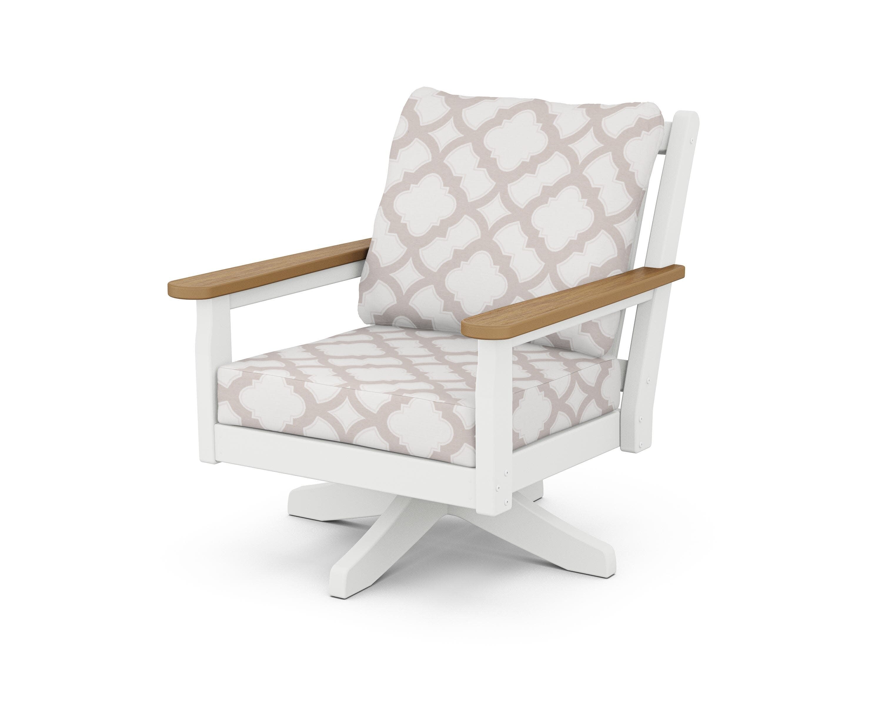 Chippendale Deep Seating Swivel Chair in White / Natural / Trellis Dune Burlap