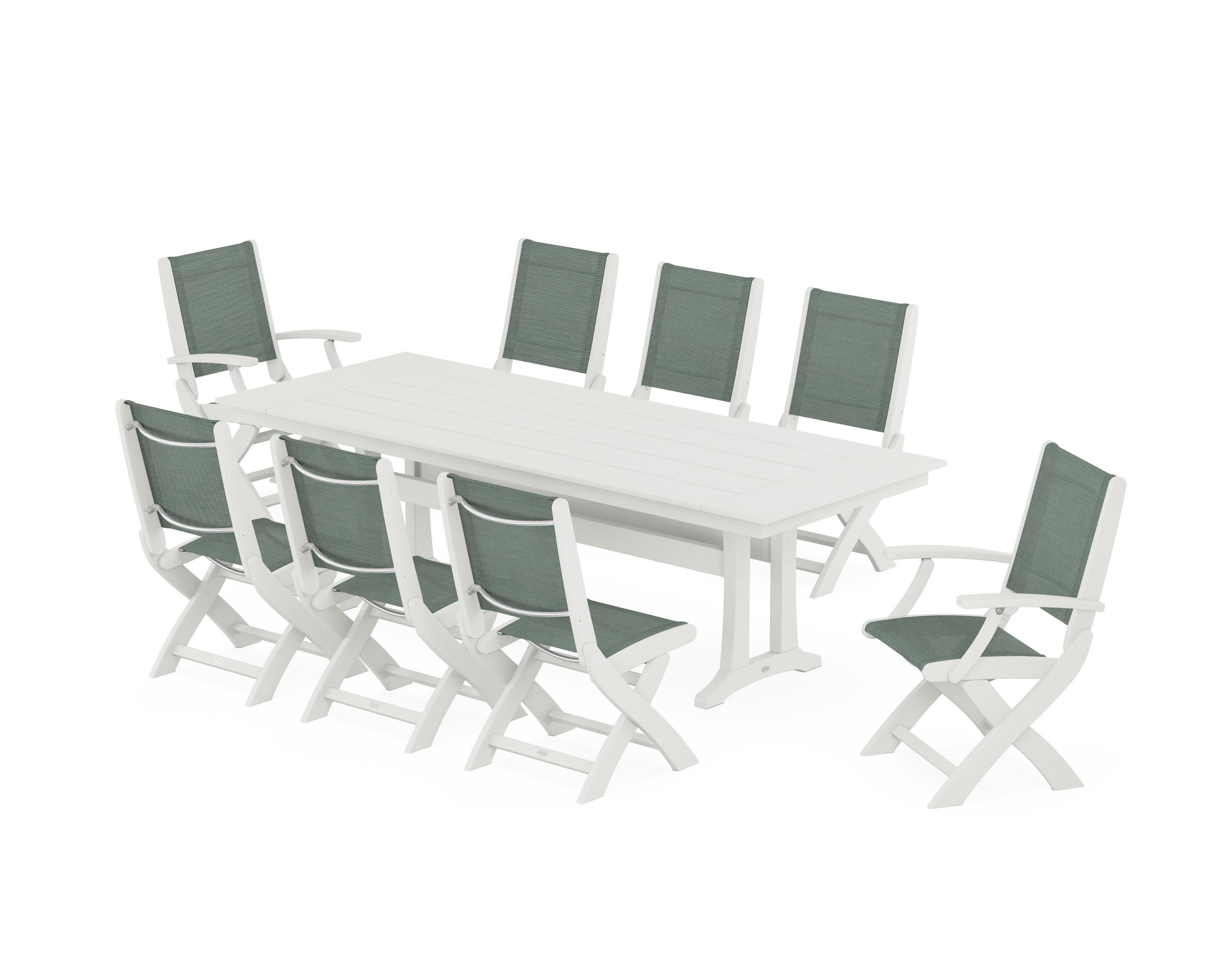 Coastal 9-Piece Folding Dining Chair Farmhouse Dining Set with Trestle Legs in Vintage White / Dupioni Sea Mist Sling