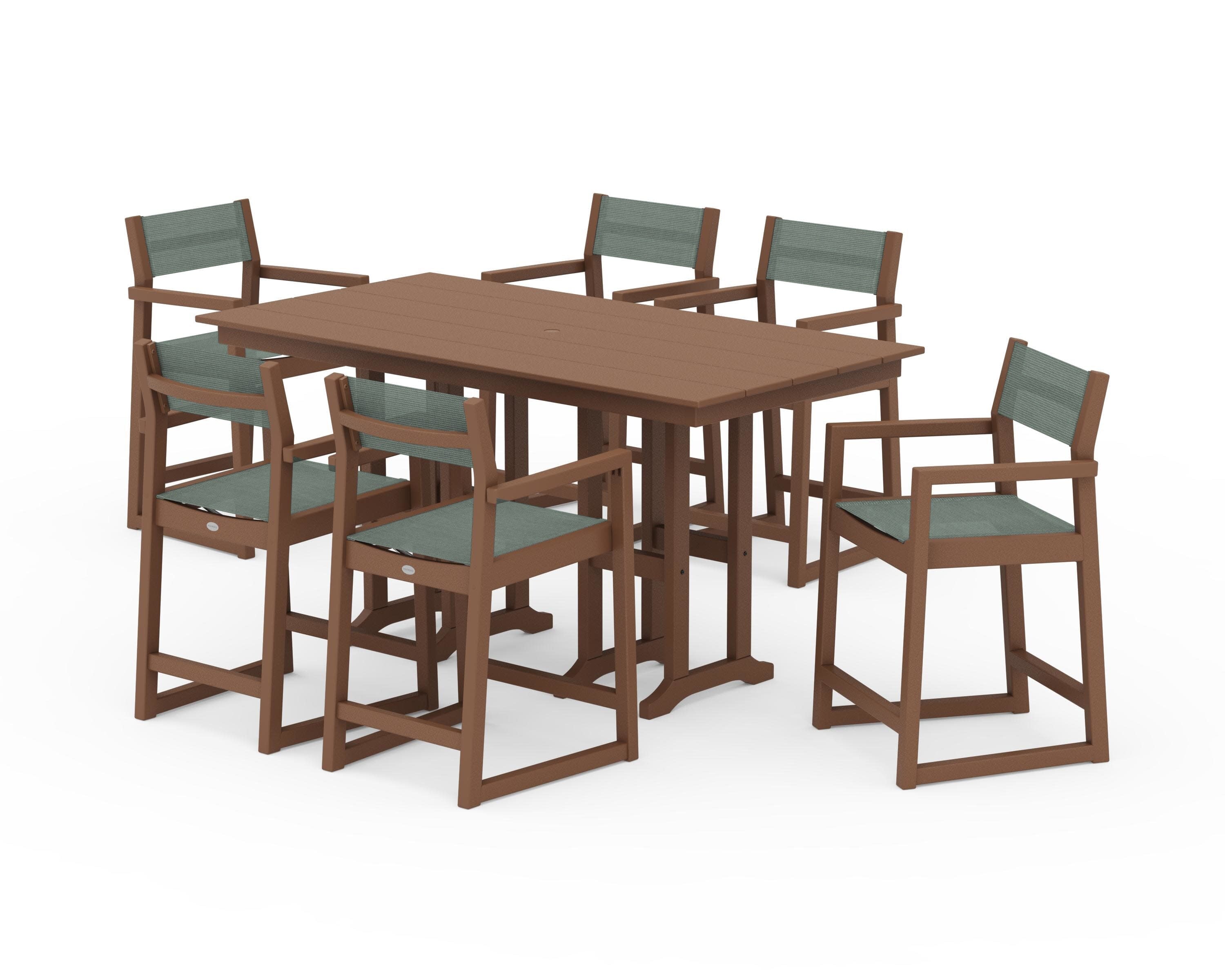 EDGE Sling Arm Chair 7-Piece Farmhouse Counter Set in Teak / Dupioni Sea Mist Sling