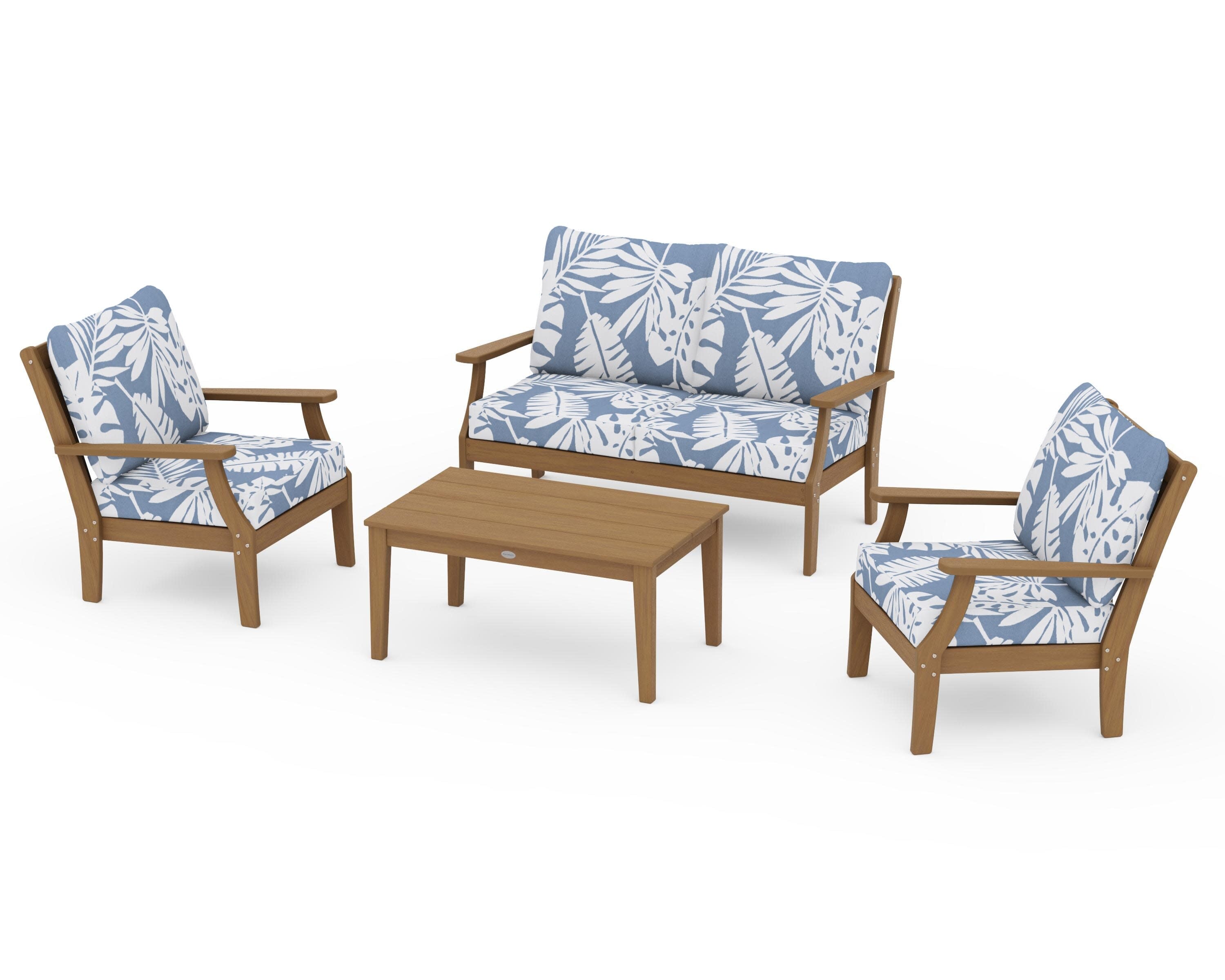 Braxton 4-Piece Deep Seating Chair Set in Natural / Leaf Sky Blue