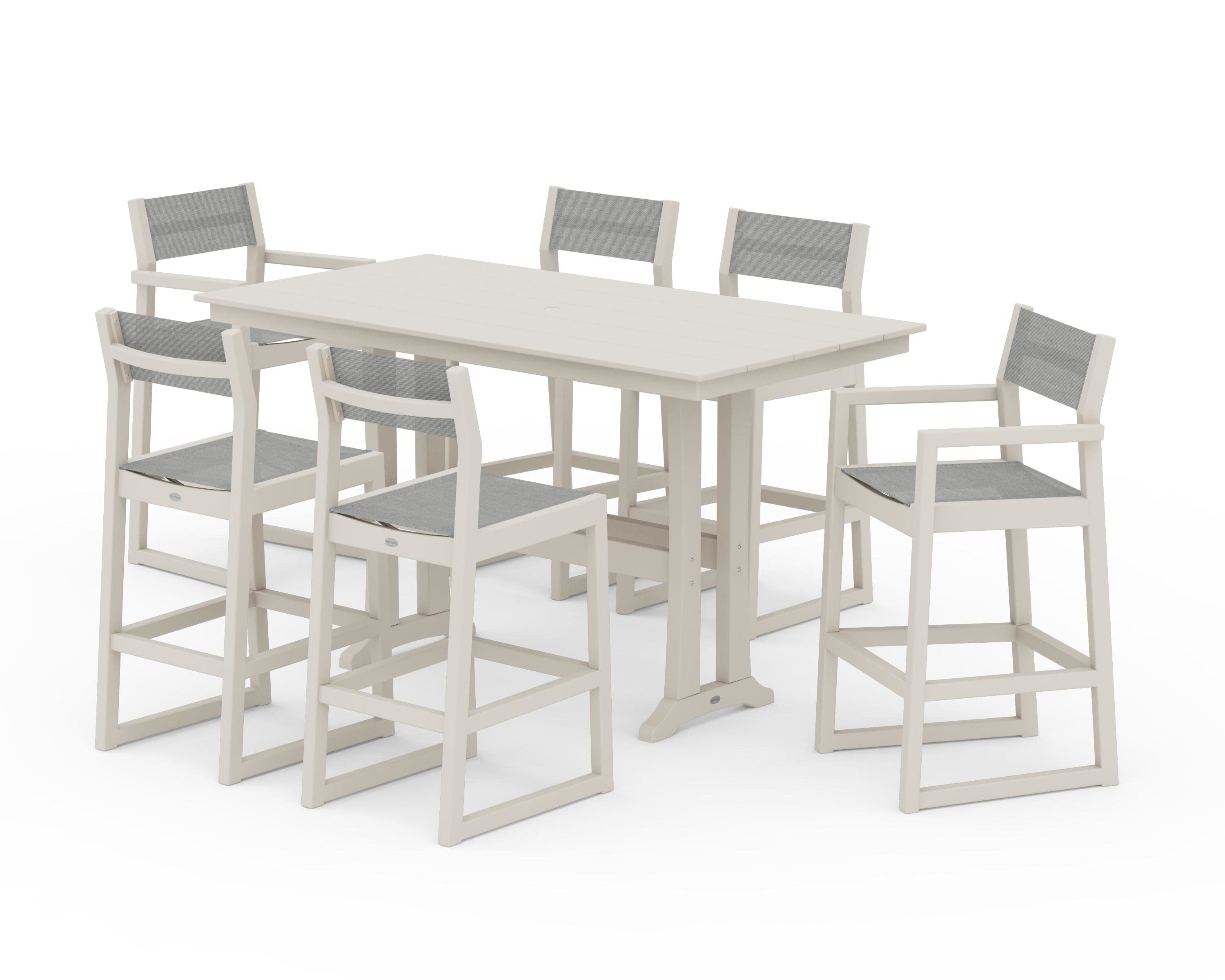 EDGE Sling 7-Piece Farmhouse Bar Set with Trestle Legs in Sand / Metallic Sling