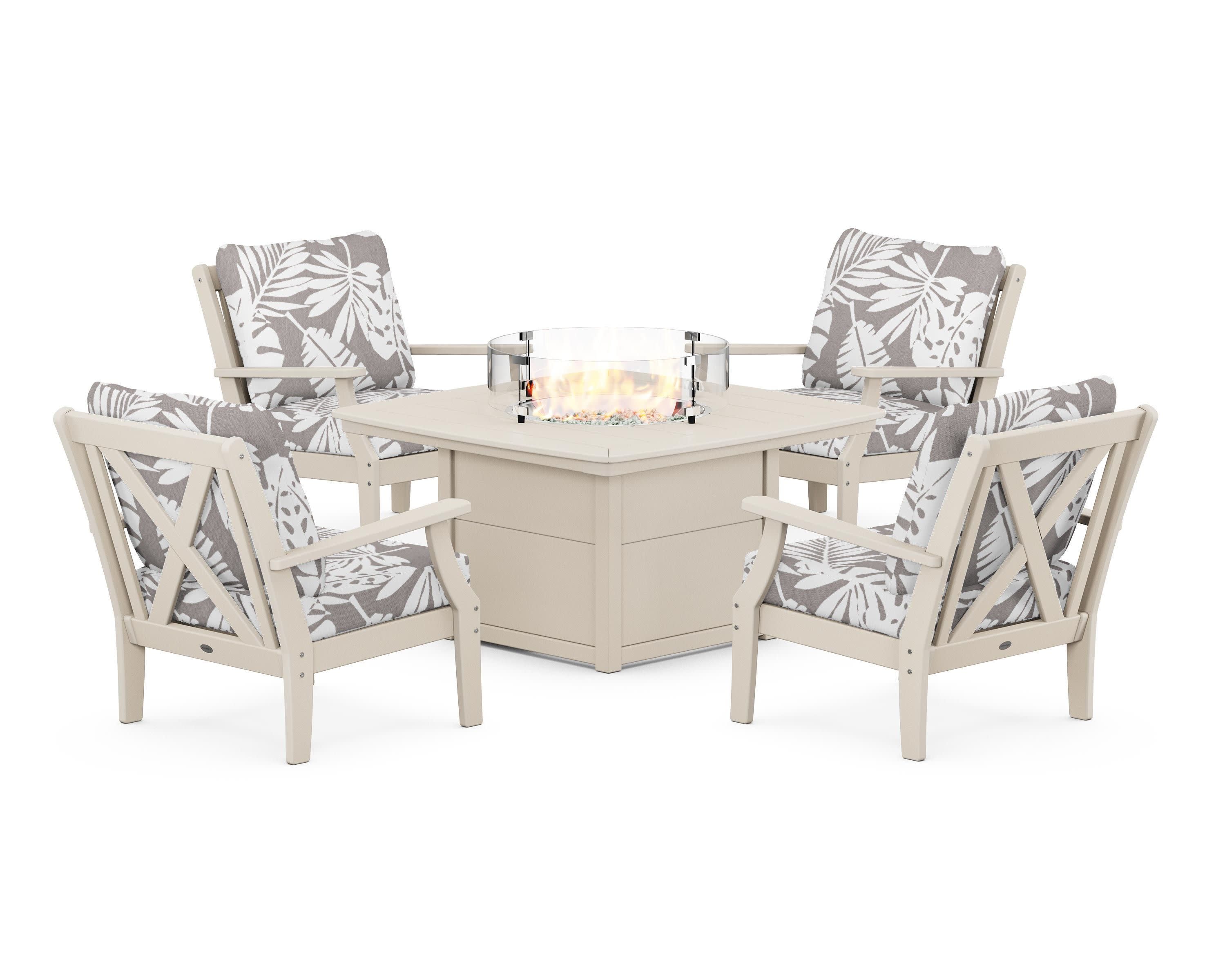 Braxton 5-Piece Deep Seating Conversation Set with Fire Pit Table in Sand / Leaf Grey Mist