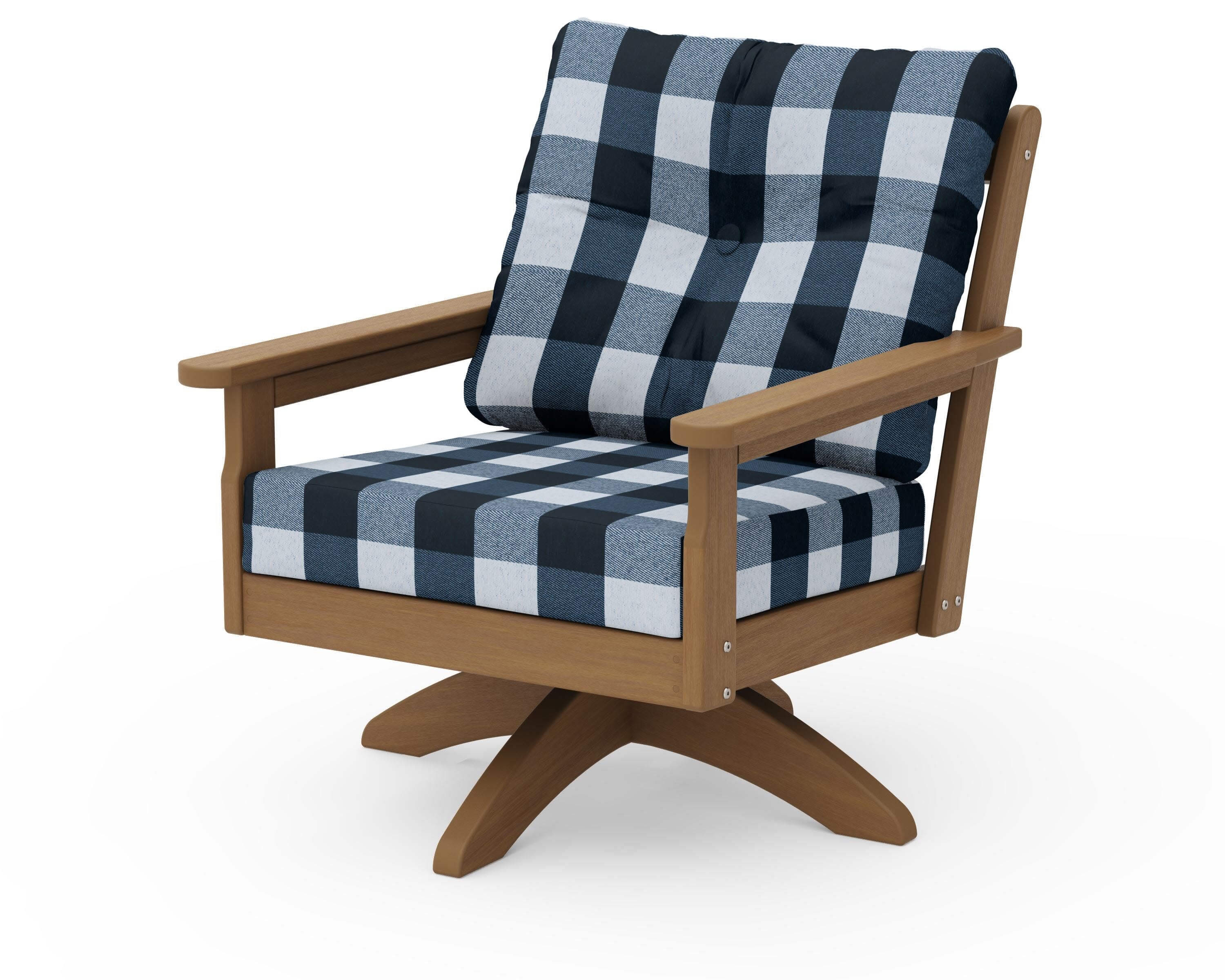 Vineyard Deep Seating Swivel Chair in Natural / Buffalo Plaid Marine Indigo