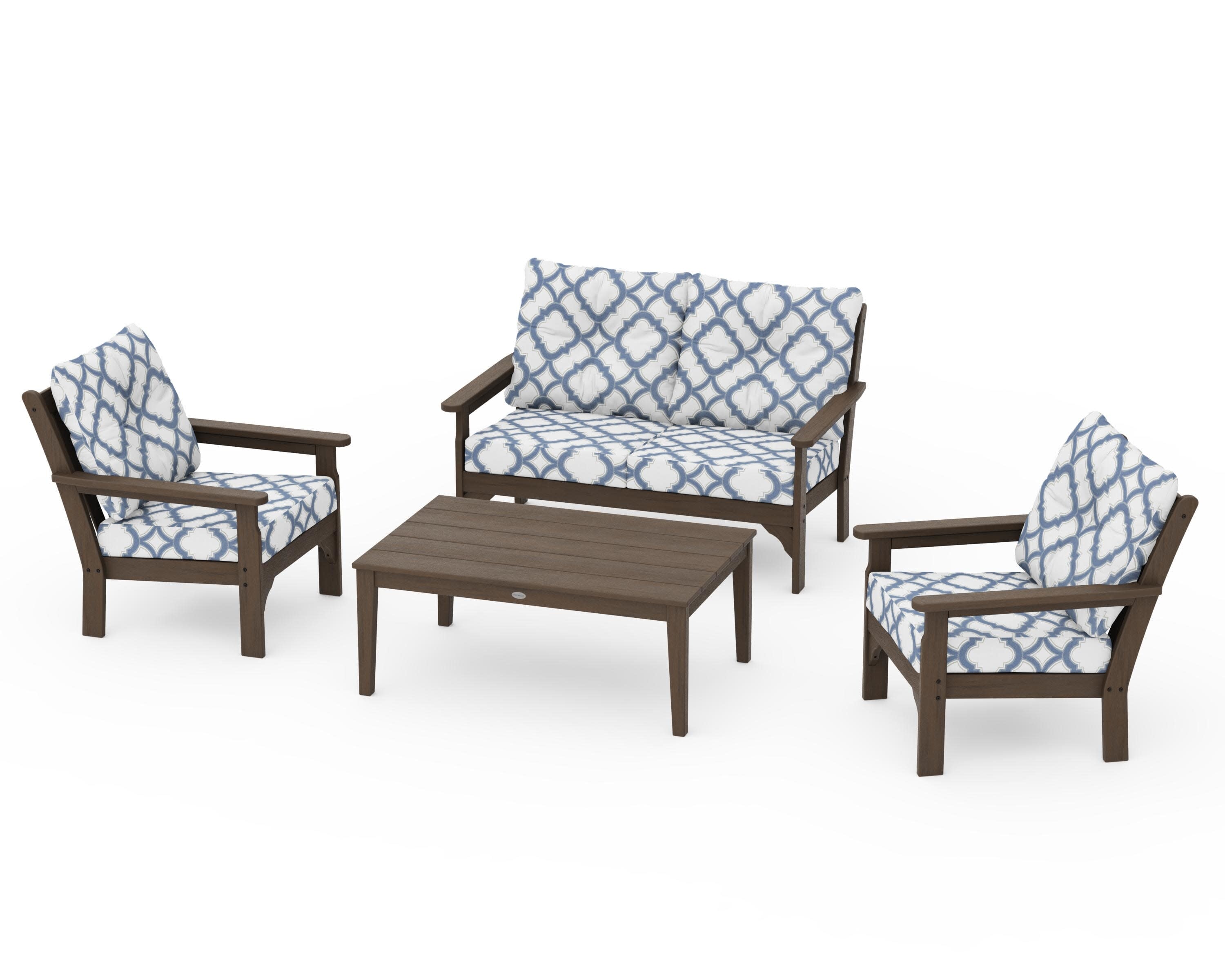 Vineyard 4-Piece Deep Seating Set in Kona / Trellis Sky Blue