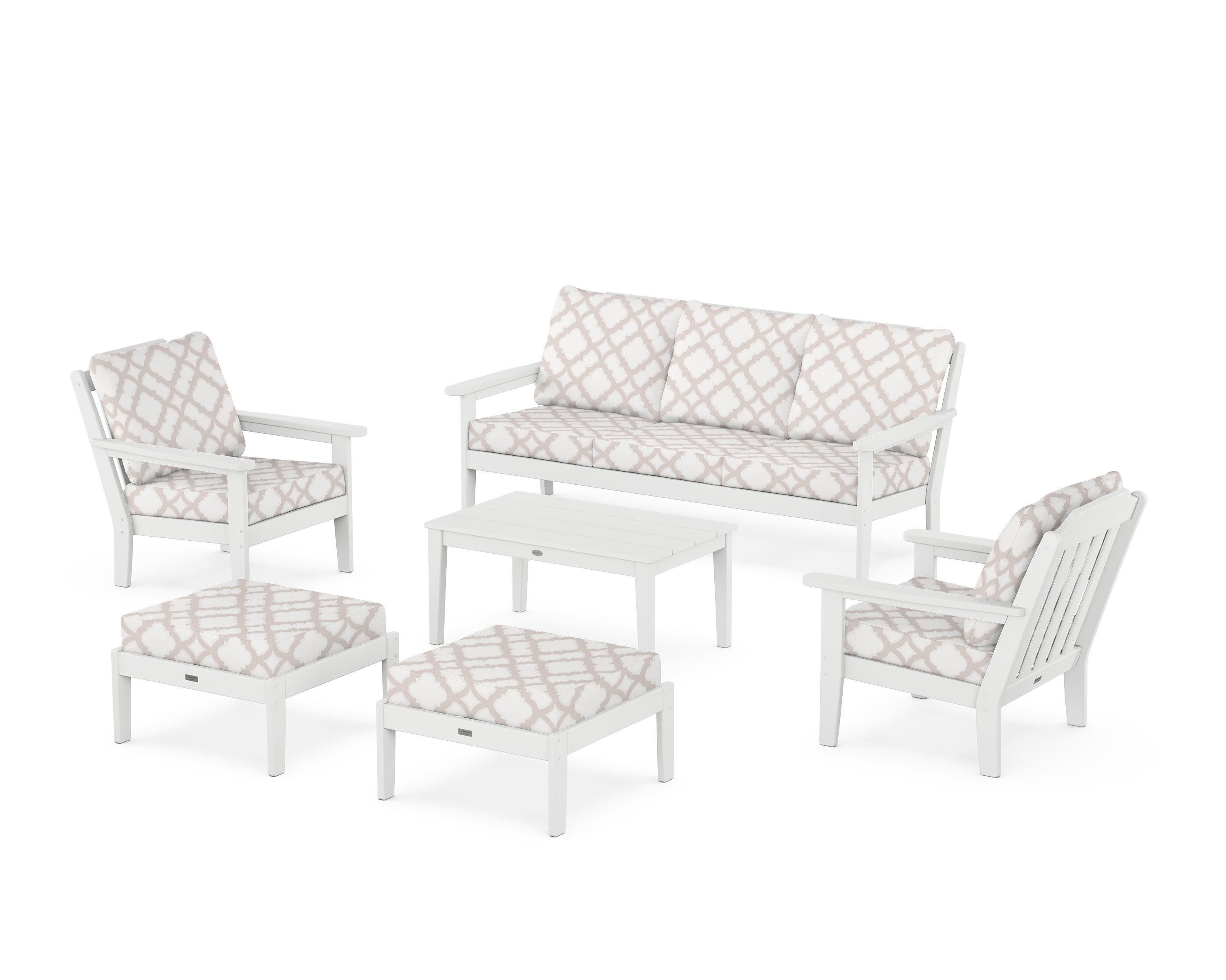 Cottage 6-Piece Lounge Sofa Set in White / Trellis Dune Burlap