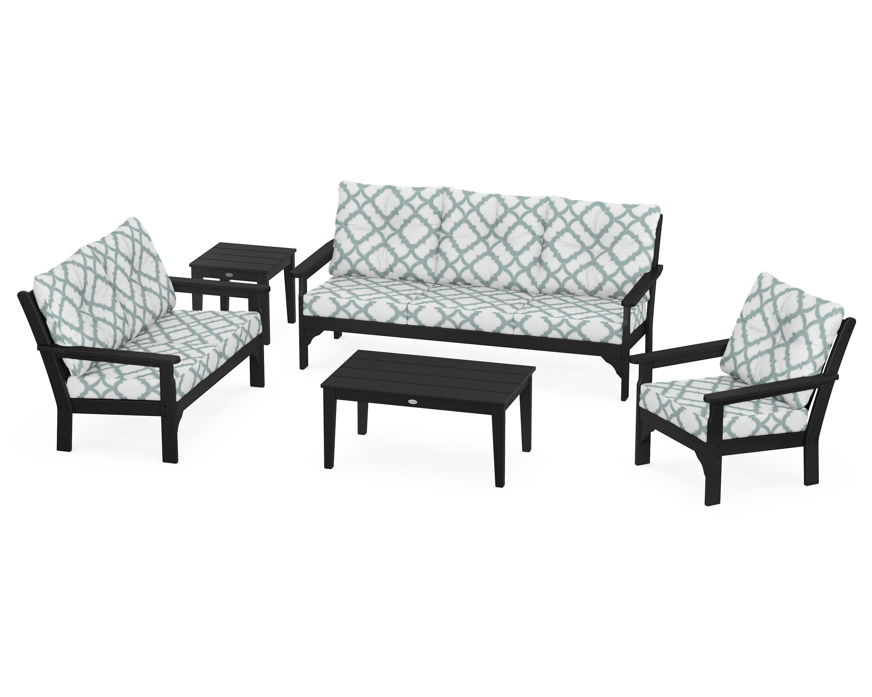 Vineyard 5 Piece Deep Seating Set in Black / Trellis Glacier Spa