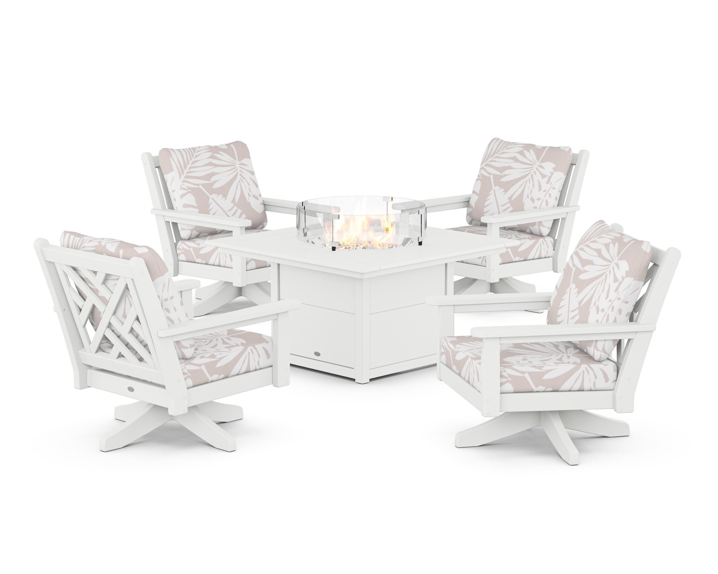 Chippendale 5-Piece Deep Seating Swivel Conversation Set with Fire Pit Table in White / Leaf Dune Burlap