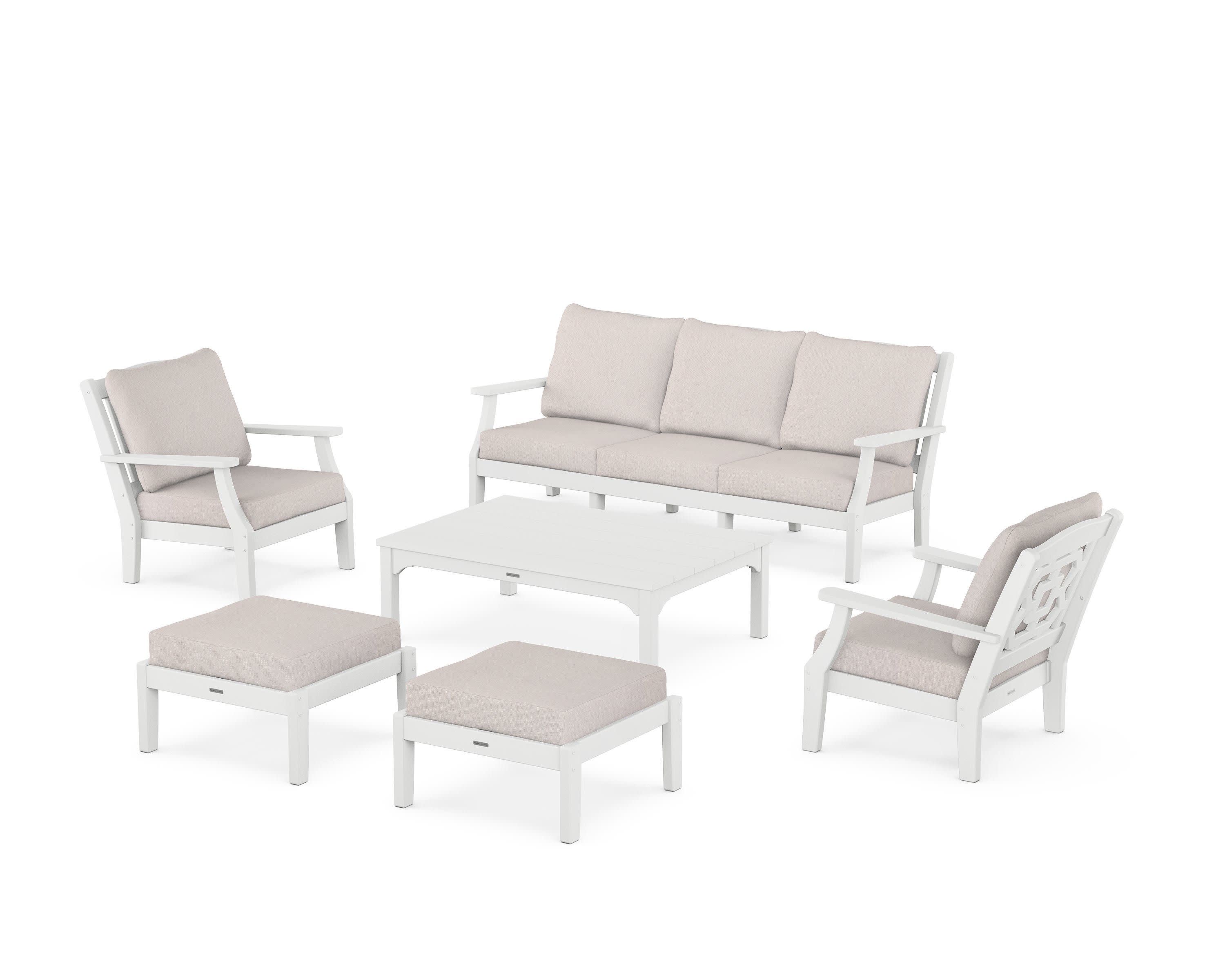 Chinoiserie 6-Piece Lounge Sofa Set in White / Dune Burlap
