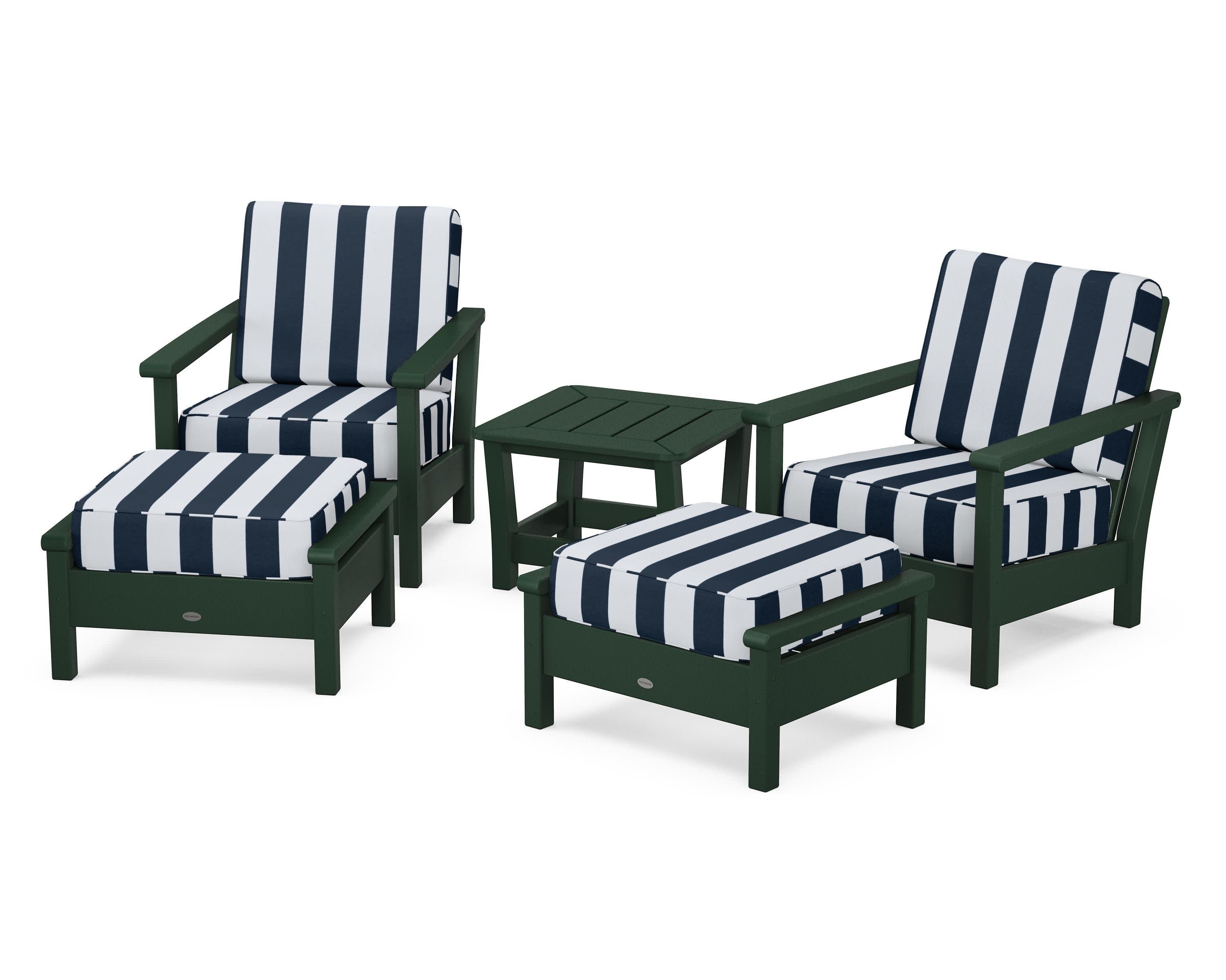 Harbour 5-Piece Deep Seating Chair Set in Green / Cabana Stripe Marine Indigo