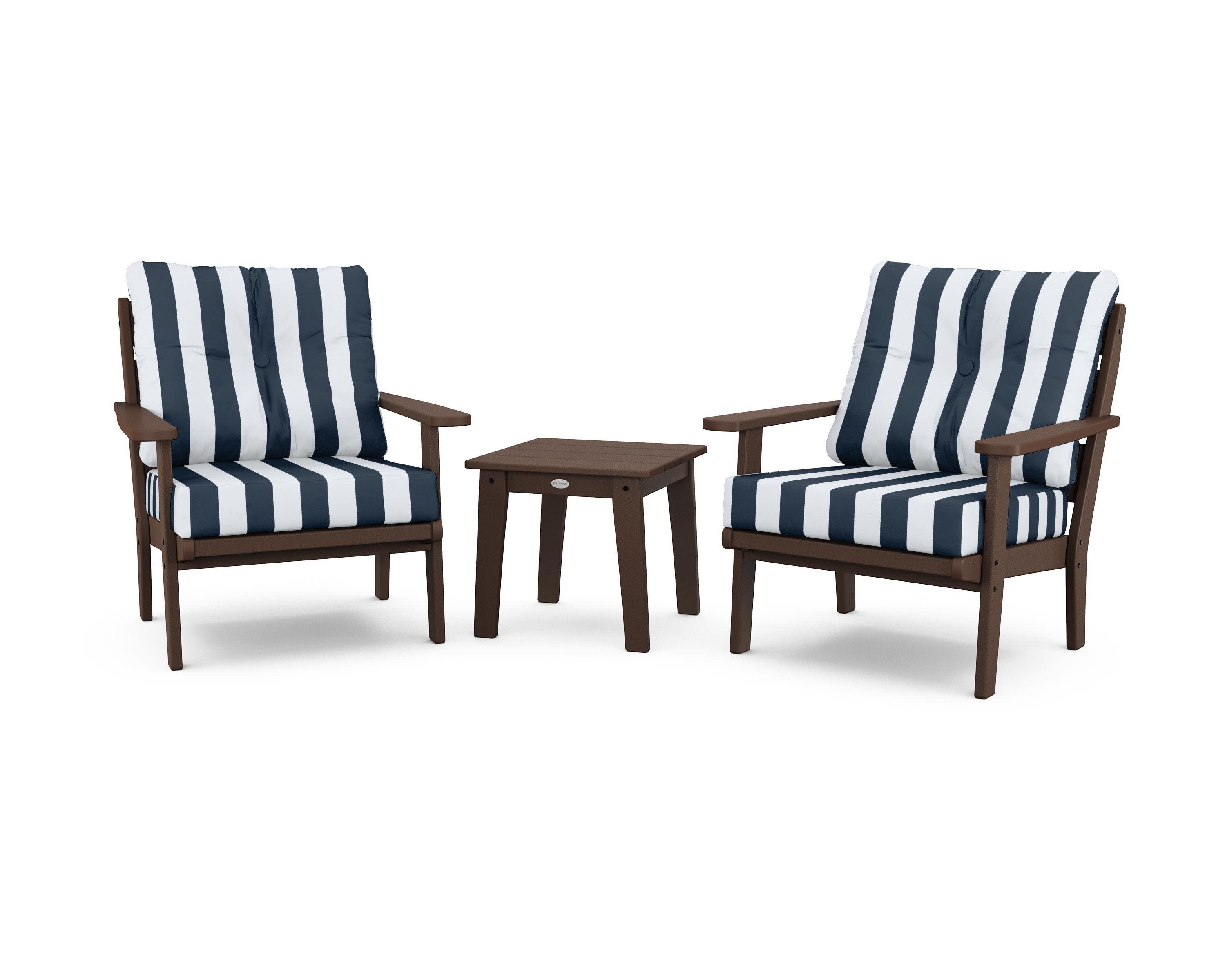 Lakeside 3-Piece Deep Seating Chair Set in Mahogany / Cabana Stripe Marine Indigo