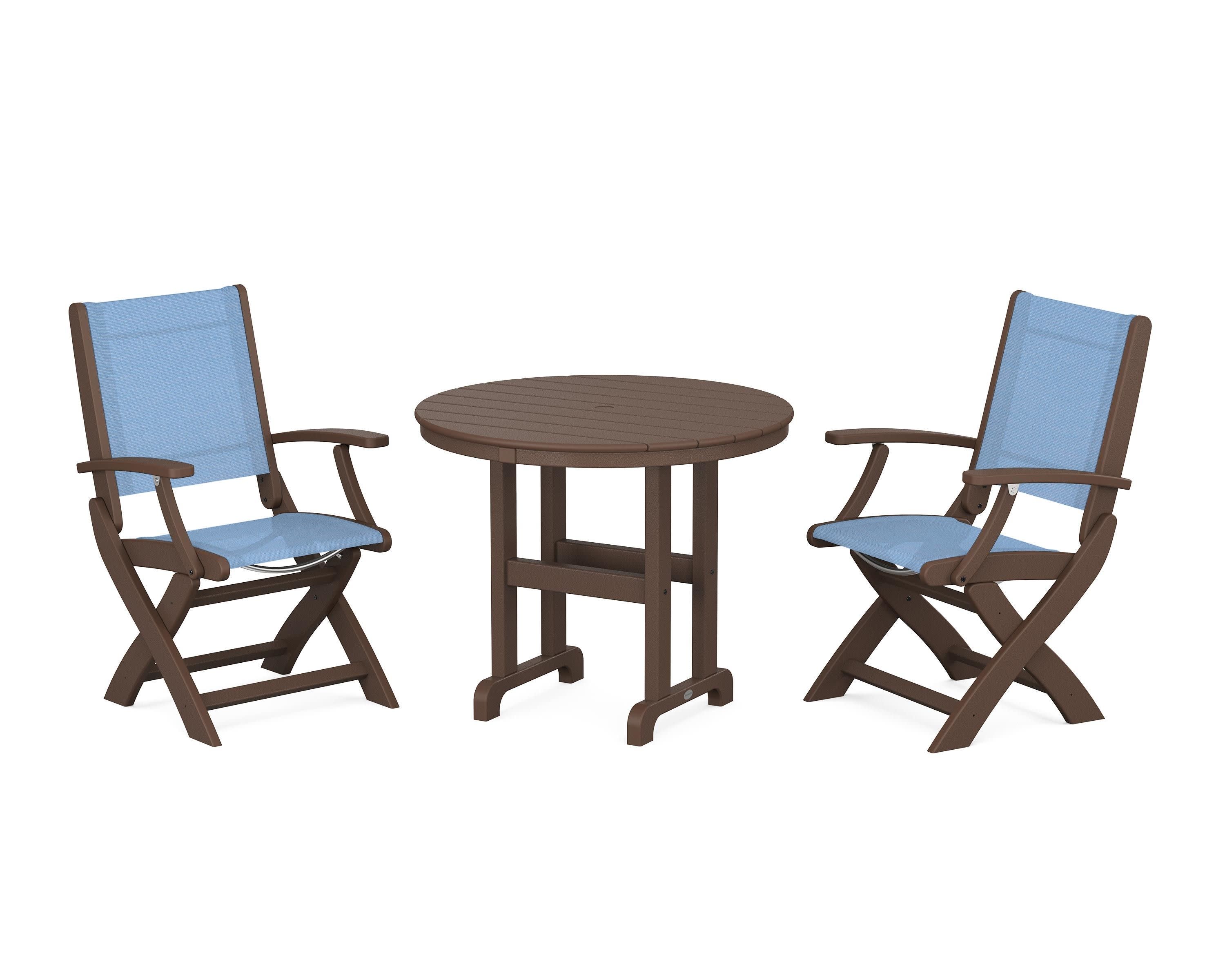 Coastal Folding Chair 3-Piece Round Dining Set in Mahogany / Poolside Sling