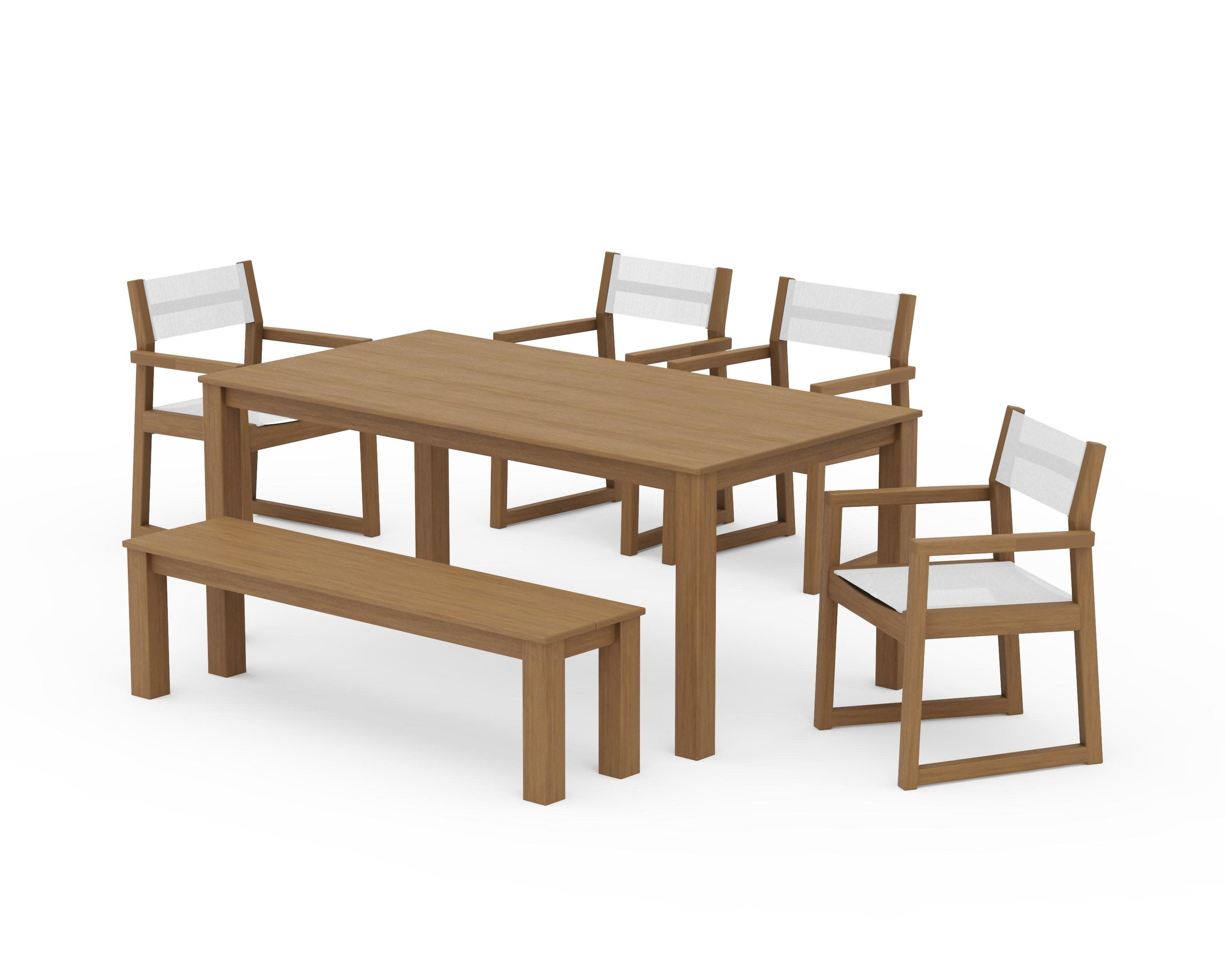 EDGE Sling Arm Chair 6-Piece Parsons Dining Set with Bench in Natural / White Sling
