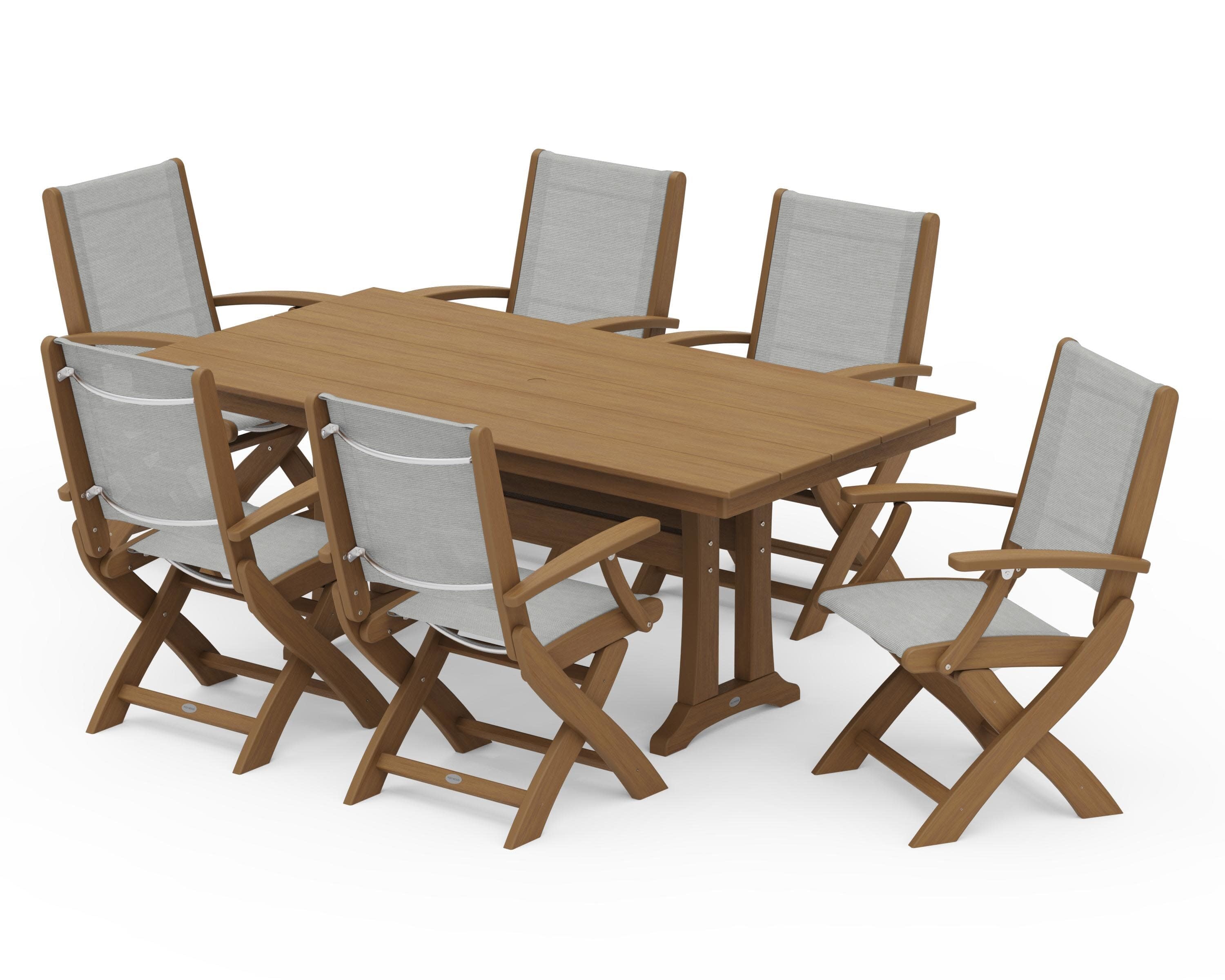 Coastal Folding Arm Chair 7-Piece Farmhouse Dining Set with Trestle Legs in Natural / Metallic Sling