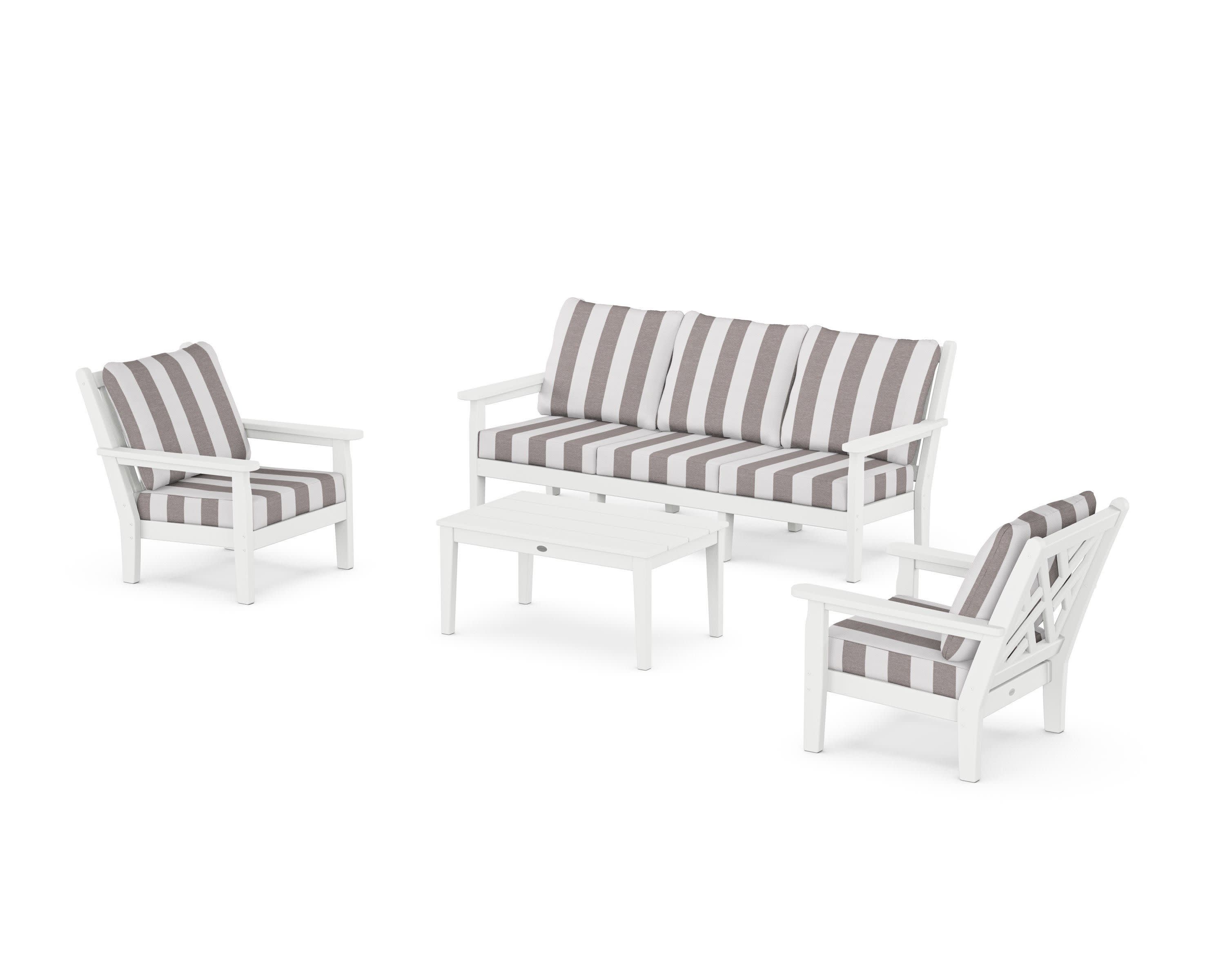Chippendale 4-Piece Deep Seating Set with Sofa in White / Cabana Stripe Grey Mist