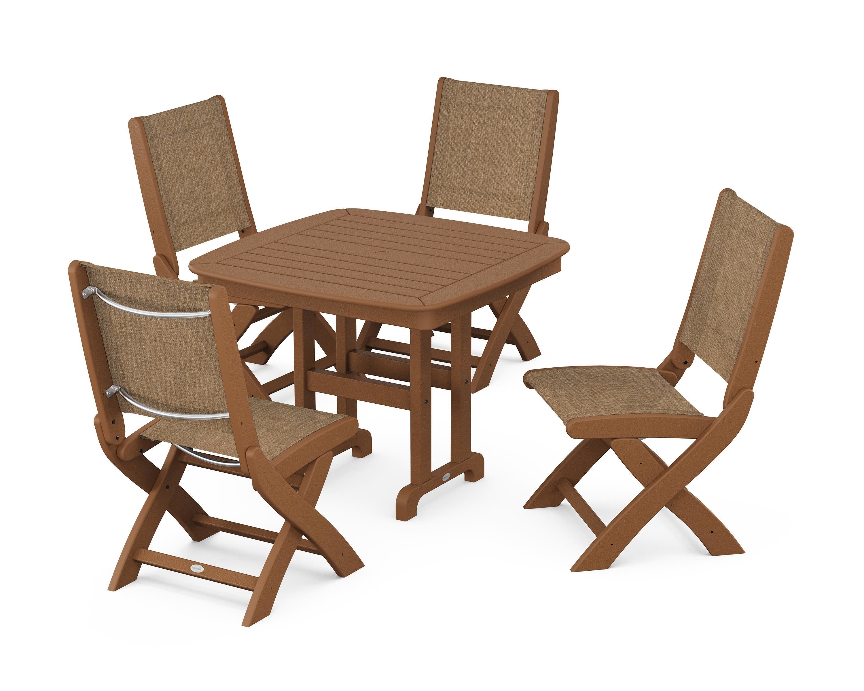 Coastal Folding Side Chair 5-Piece Dining Set in Teak / Burlap Sling