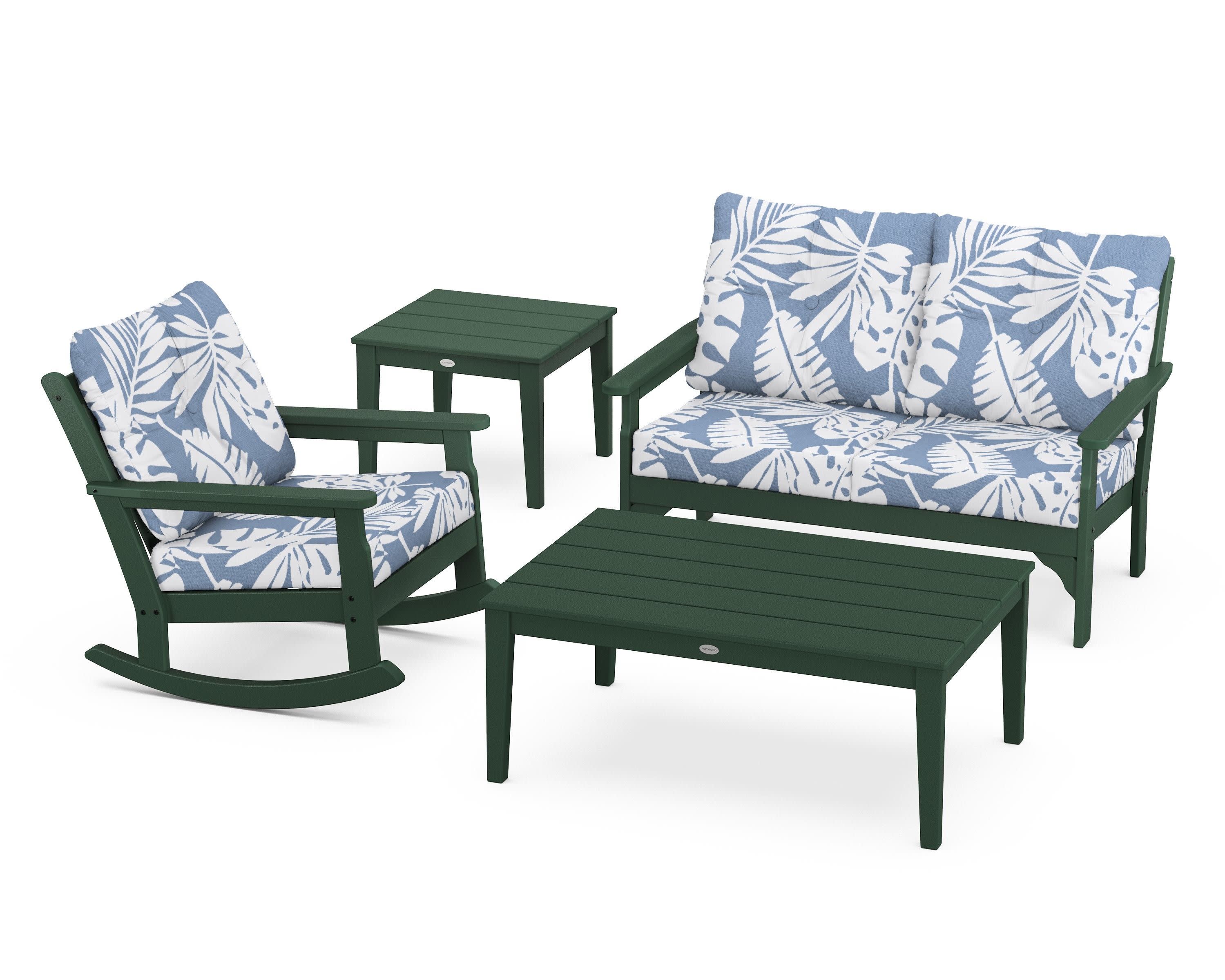 Vineyard 4-Piece Deep Seating Rocker Set in Green / Leaf Sky Blue