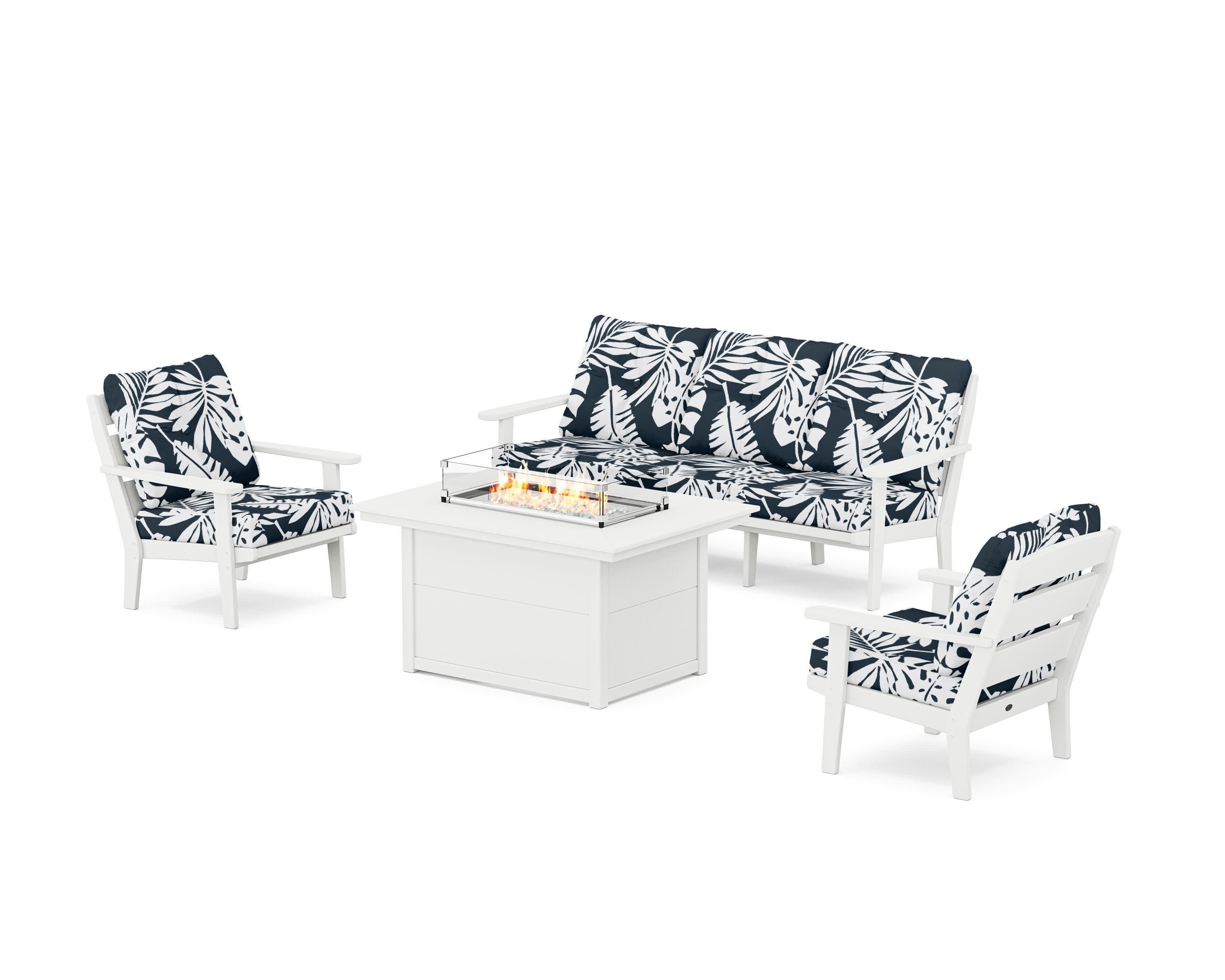 Lakeside Deep Seating Fire Pit Table Set in White / Leaf Marine Indigo